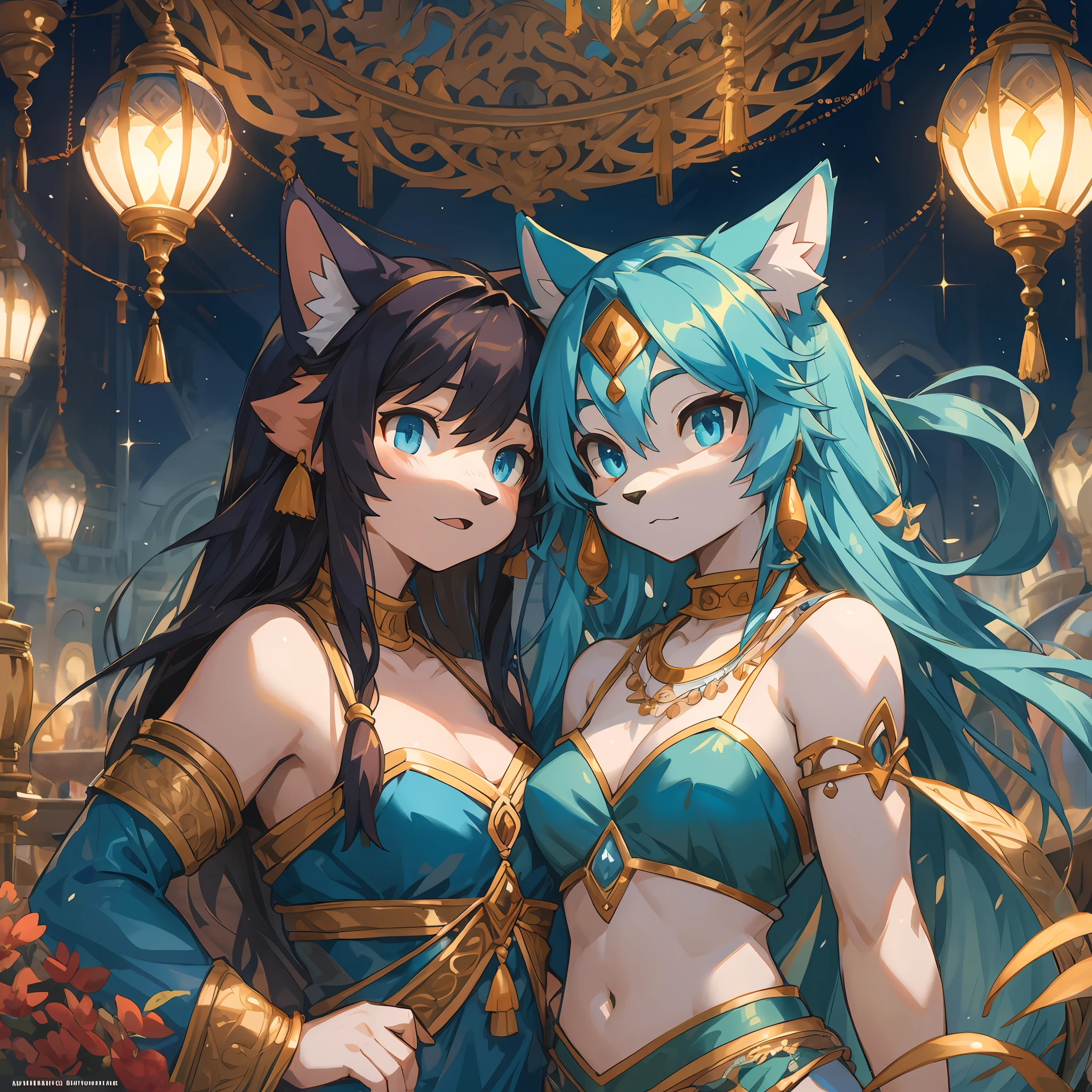 top quality, best quality, High-quality illustrations, masterpiece, super high resolution, detailed background, detailed background, Aladdin, The Arabian Nights' Entertainment, Sassanid, turkish lamp,group shot:0.1,  6+boys, 6+girls, absurdres(highly detailed beautiful face and eyes)perfect anatomy, expression, good lighting, cinematic shadow(kemono, furry anthro),