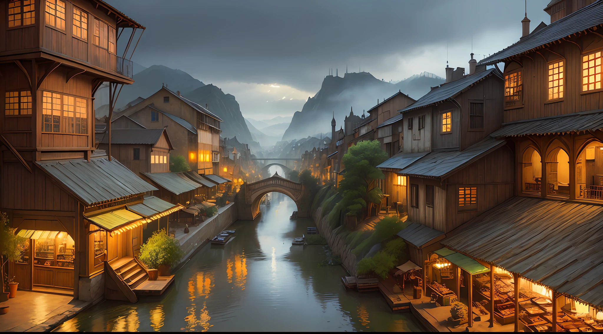 ((masterpiece)),((best quality)),((high detial)),((realistic,)) Industrial age city,Deep valley in the middle,architectural streets,bazaars,Bridges,rainy sky,steampunc,European-style architecture,k hd,a picture,Photography Award,realisticlying,fanciful,