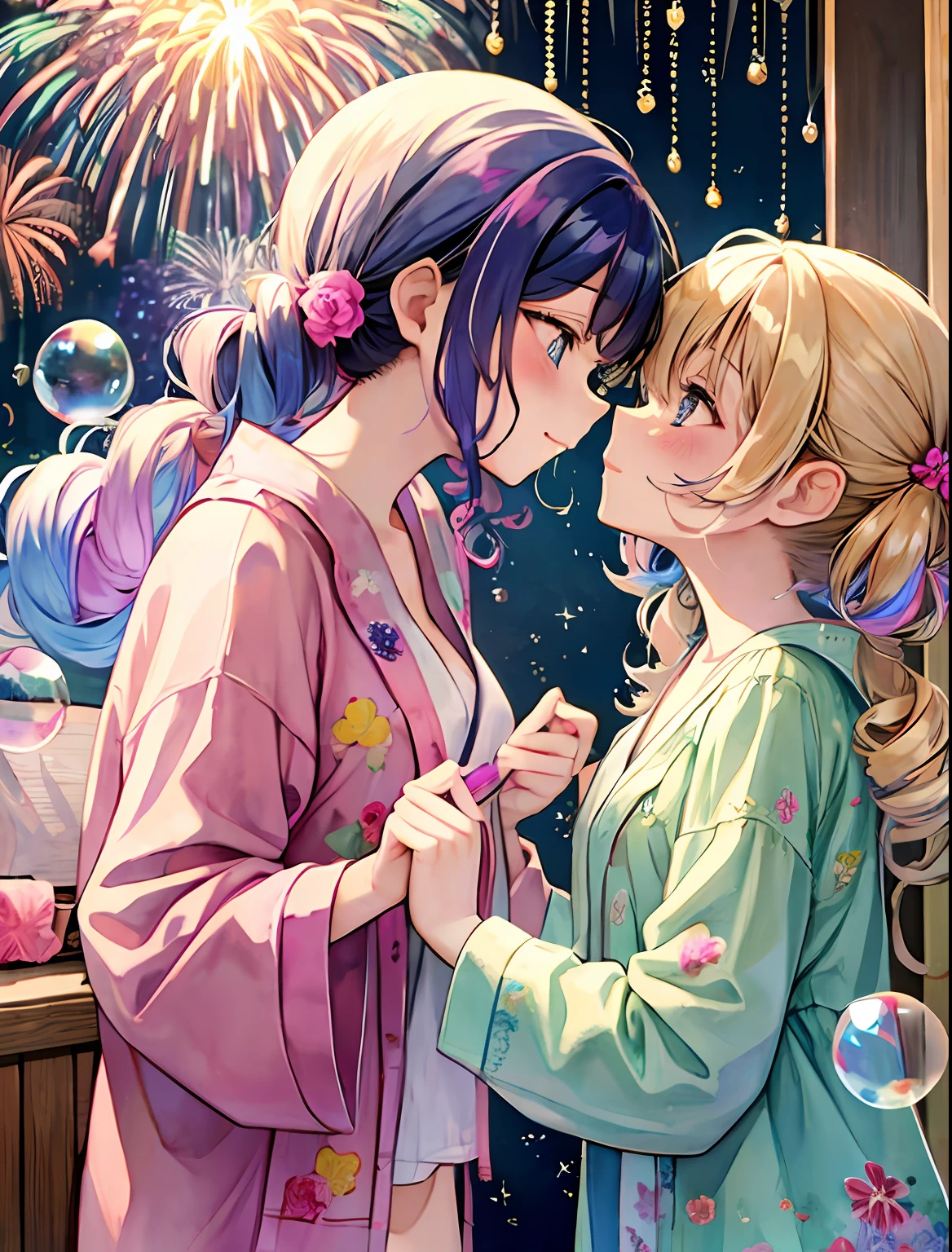 natta、sparklers、Fireworks Festival、skyrocket、Yumekawa 、Cute as a dream、a pale、Moya、(masterpiece、top-quality、top-quality、watercolor paiting(Curly)、The upper part of the body、the kiss、lesbian、bath robe、Changing clothes、patterns、BREAK、(Twin-tailed iridescent hair:1.2)、BREAK、Takusa fireworks、clouds、colourfull、Soap bubbles、Spread throughout、kawaii、pastels、sweets、Loose fluffy
