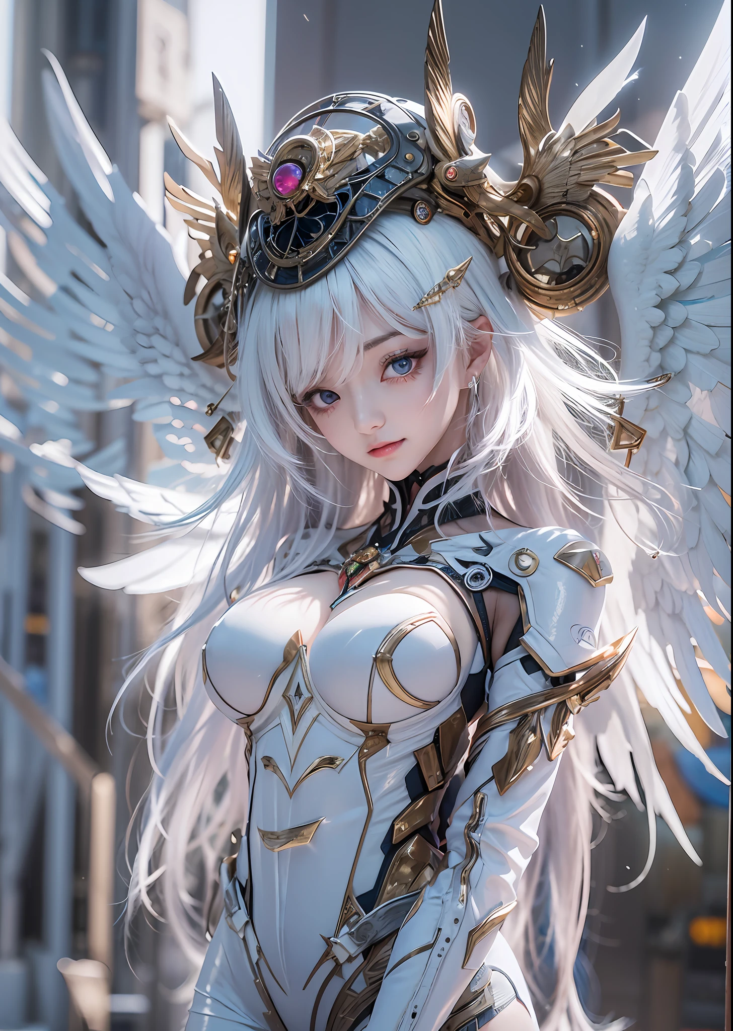 top-quality、masterpiece、超A high resolution、(Photorealsitic:1.4)、Raw photo、Powered Suit Angel、large wings made of metal、White porcelain body、Acrylic Clear Cover、white hair、glowy skin、1 Powered Suit Girl、((super realistic details))、portlate、globalillumination、Shadow、octan render、8K、ultrasharp、character edge light,Colossal tits、Raw skin is exposed in cleavage、Details of complex ornaments、Evangelion details、Hydraulic cylinder、Small LED lamp、highly intricate detail、Realistic light、a purple eye、radiant eyes、Facing the camera、neon details、cowboy shot、Futuristic headgear、The background is a steampunk city、、