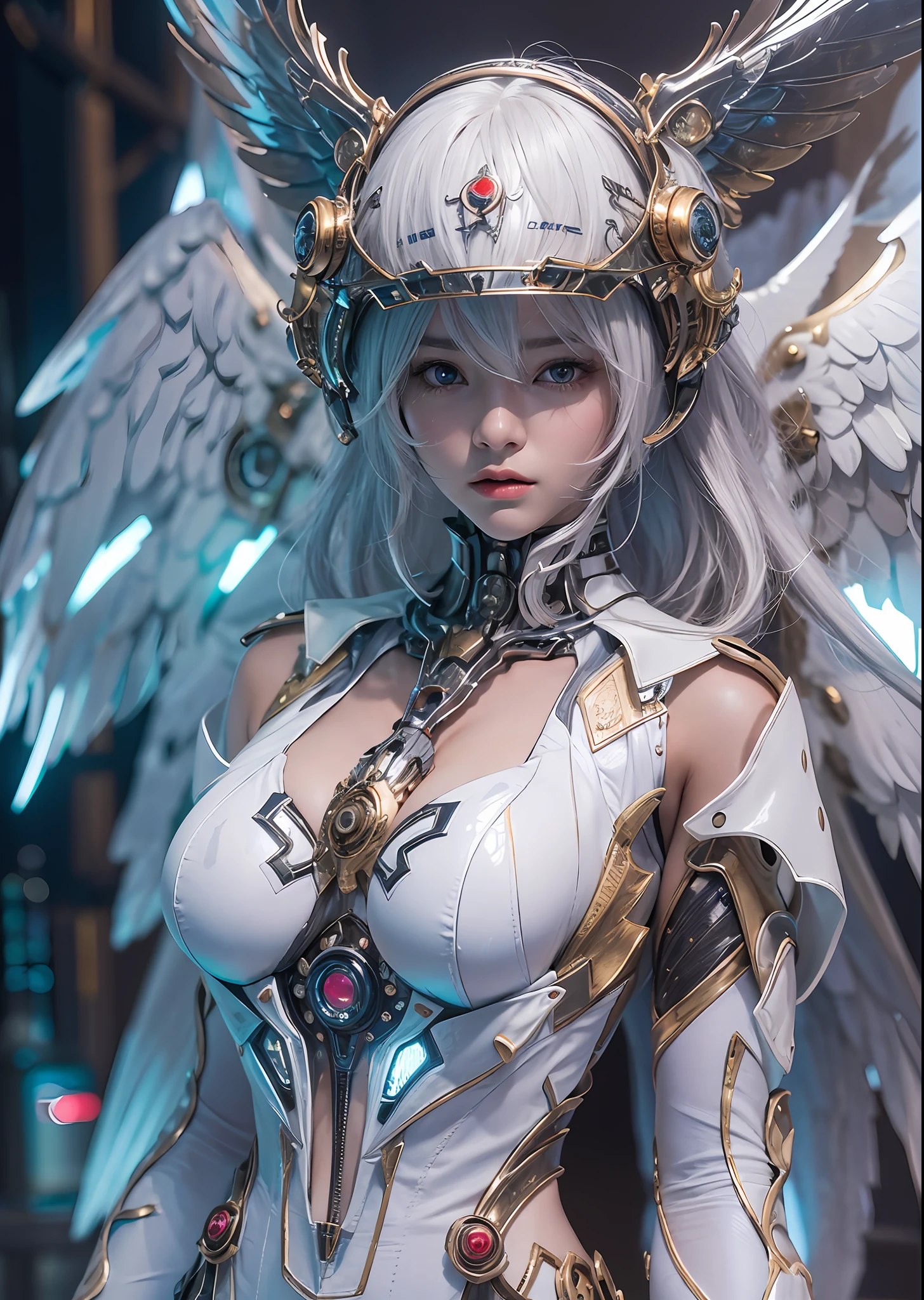 top-quality、​masterpiece、超A high resolution、(Photorealsitic:1.4)、Raw photo、Powered Suit Angel、large wings made of metal、White porcelain body、Acrylic Clear Cover、white  hair、glowy skin、1 Powered Suit Girl、((super realistic details))、portlate、globalillumination、Shadow、octan render、8K、ultrasharp、character edge light,Colossal tits、Raw skin is exposed in cleavage、Details of complex ornaments、Evangelion details、Hydraulic cylinder、Small LED lamp、highly intricate detail、Realistic light、a purple eye、radiant eyes、Facing the camera、neon details、cowboy  shot、Futuristic headgear、The background is a steampunk city、、