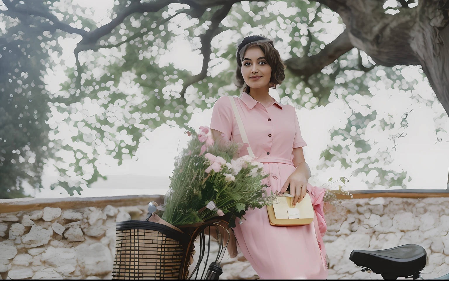 there is a woman standing next to a bicycle with a basket of flowers, with flowers, wearing a pink dress, shot with a arriflex 35 ii, in style of lam manh, mid shot portrait, carrying flowers, feminine in cute pastel shades, dressed in a pink dress, shot on leica sl2, 3 5 mm portrait, a picture, details face, beautiful face, details eyes