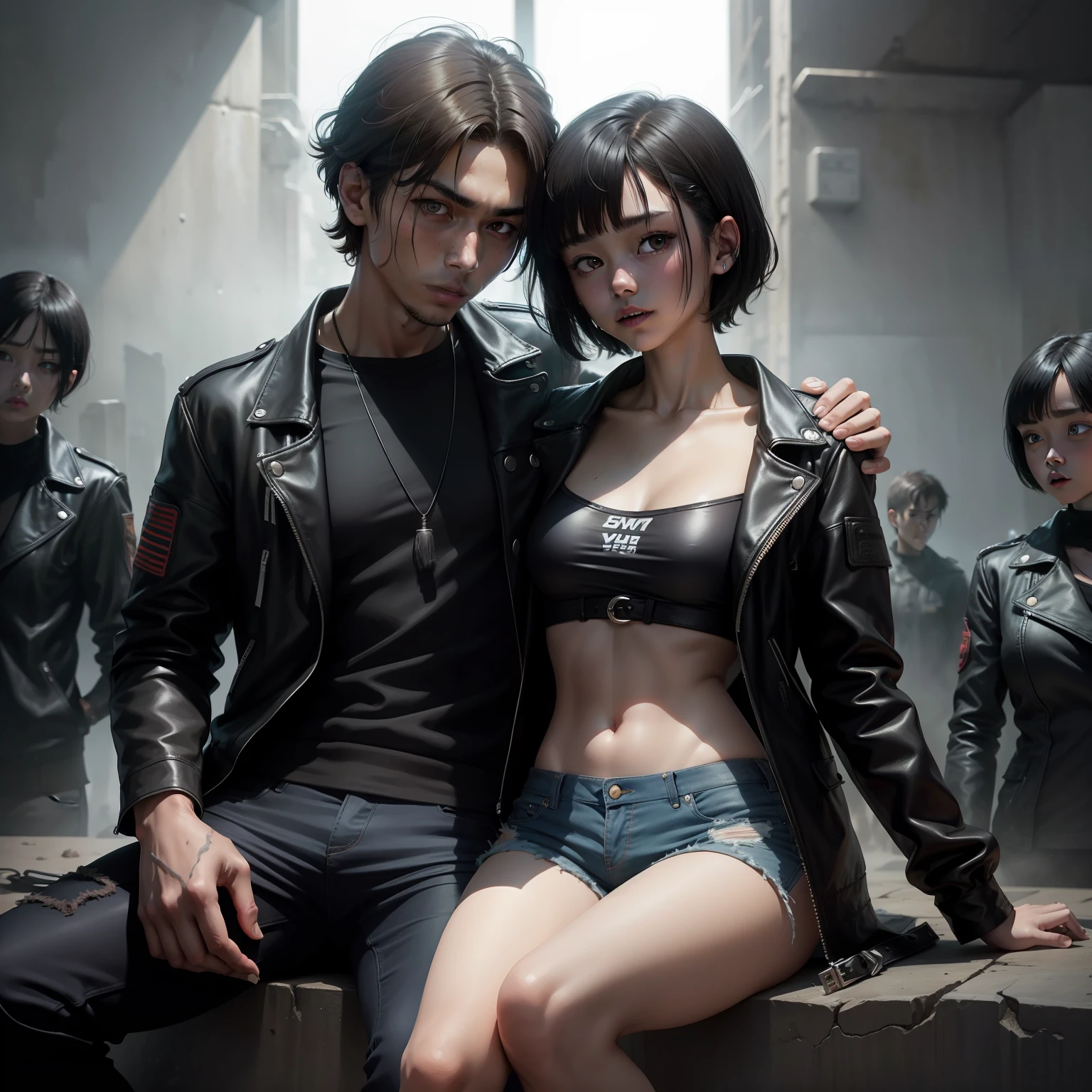 Under the end of the world,There is a group of mutated zombies in front。A handsome ager,Her short hair is tied with a small braid behind it,He had a machete in his hand。Snuggled up in her arms a beautiful woman with short hair,She has short black hair、Delicate and cute face、Wearing frayed super shorts, white fleshy long legs、There is also an ultra-low bandeau under a black leather jacket