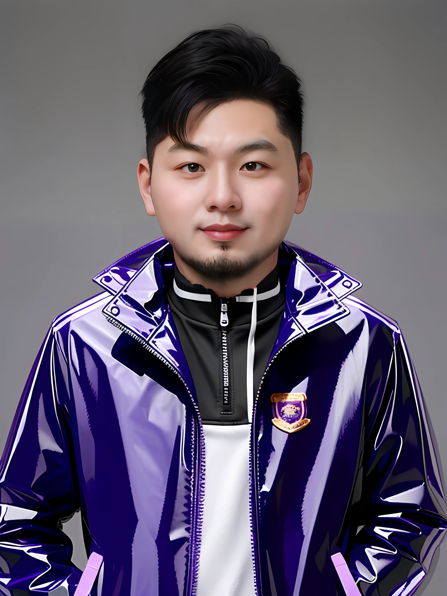 A Chinese male high school student，Wear a purple PVC stand up jacket，Enhance 3D stereoscopic feeling