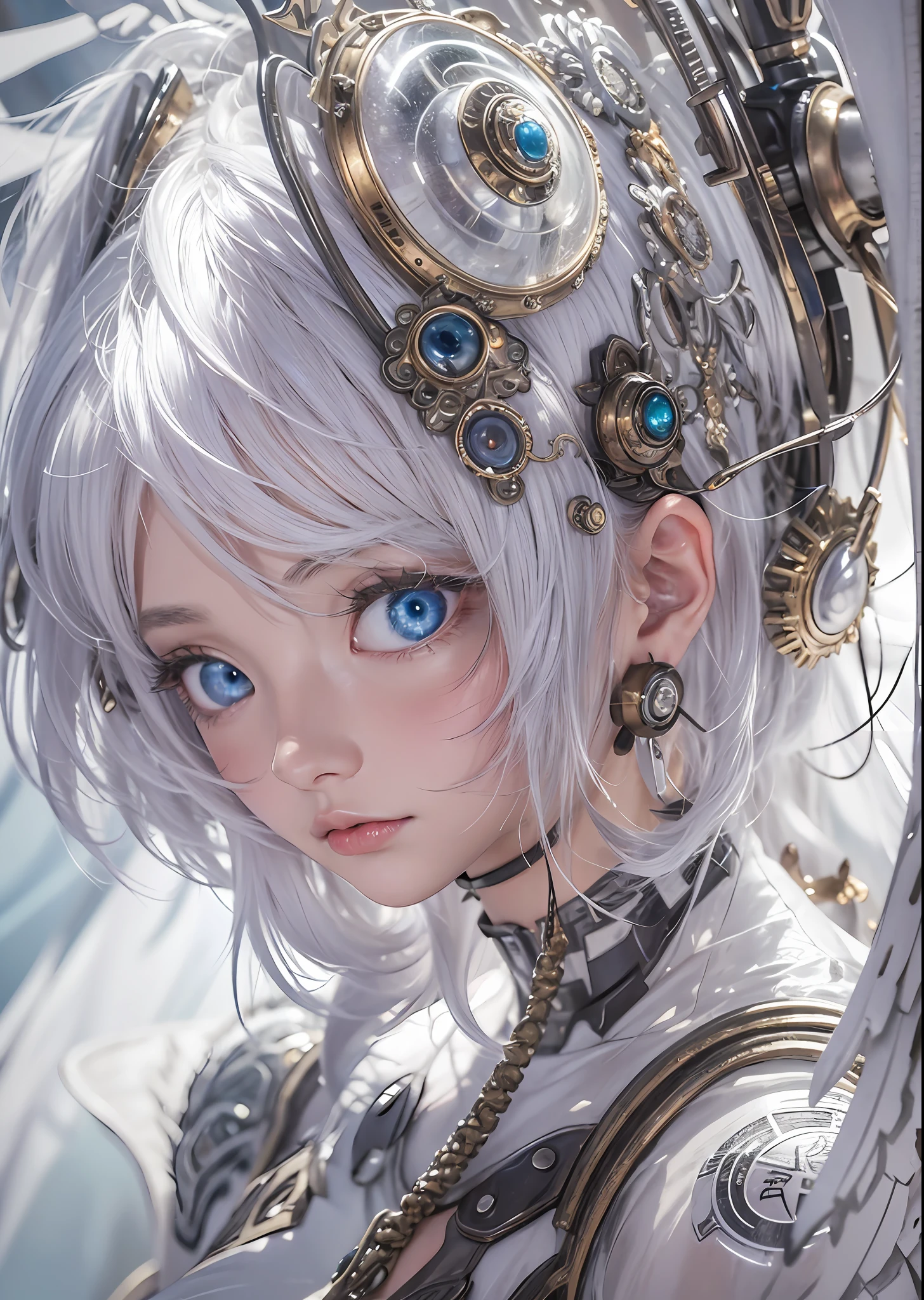 top-quality、masterpiece、超A high resolution、(Photorealsitic:1.4)、Raw photo、Powered Suit Angel、large wings made of metal、White porcelain body、Acrylic Clear Cover、white hair、glowy skin、1 Powered Suit Girl、((super realistic details))、portlate、globalillumination、Shadow、octan render、8K、ultrasharp、character edge light,Colossal tits、Raw skin is exposed in cleavage、Details of complex ornaments、Evangelion details、Hydraulic cylinder、Small LED lamp、highly intricate detail、Realistic light、a purple eye、radiant eyes、Facing the camera、neon details、cowboy shot、Futuristic headgear、The background is a steampunk city、、