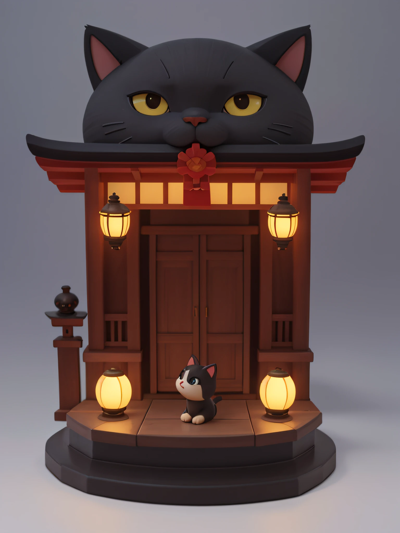 a cat,cute cat,one body,one head,singl face,toy,vignette figure,whole body、1 cat、Cute Cat Figure、Deformed cat、Sparkling eyes、Cat whole body、Output image quality(add detail、The ultra -The high-definition、Masterpiece、hight resolution、8K、Award-winning works)、(intricate-detail、ultra-detailliert:1.2)、Cinematic Shots、vignettes、central、Japan motifs(shrines)、black cat、Chic impression、Muted shades、gentle shades、appearance々Proposing figures made of similar materials、Attractive composition、Attractive lighting、depth of fields、diorama、Figure material(woodenhor、Woody)