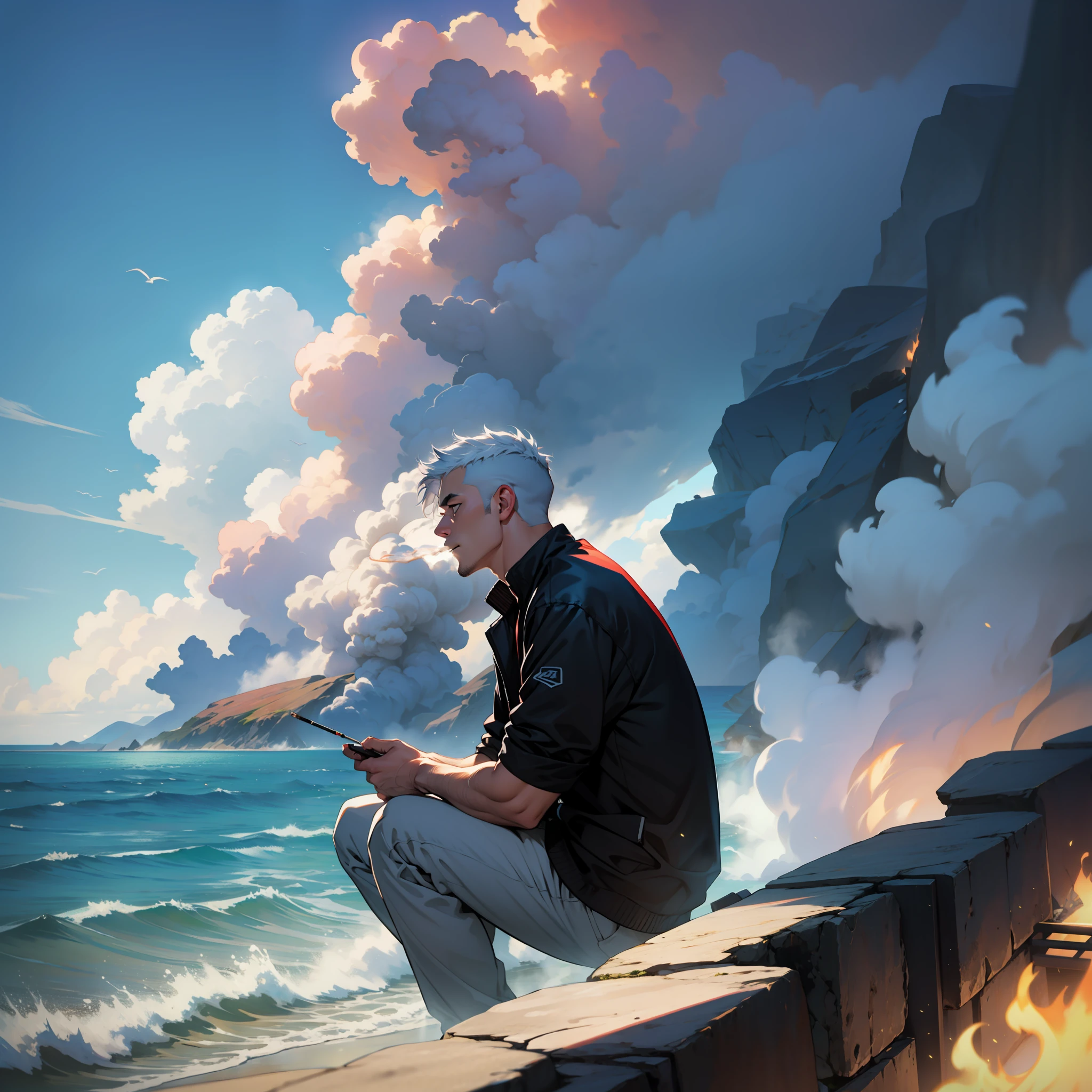 A man smokes by the sea,Look into the distance through the smoke