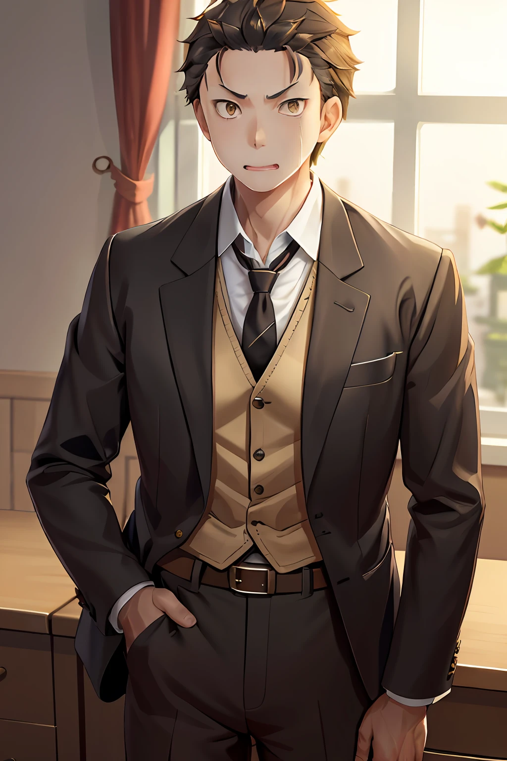 (1 Adult male),A high resolution, Sharp focus, Pixiv masterpiece, ((Complicated details)), highly detailed, natsuki_subaru, 1 man, with her mouth open,drools,full bodyesbian, Golden eyes(eyes glowing), with short golden hair,white shirt,Wear a tie,Wear a belt,perspire,look from down