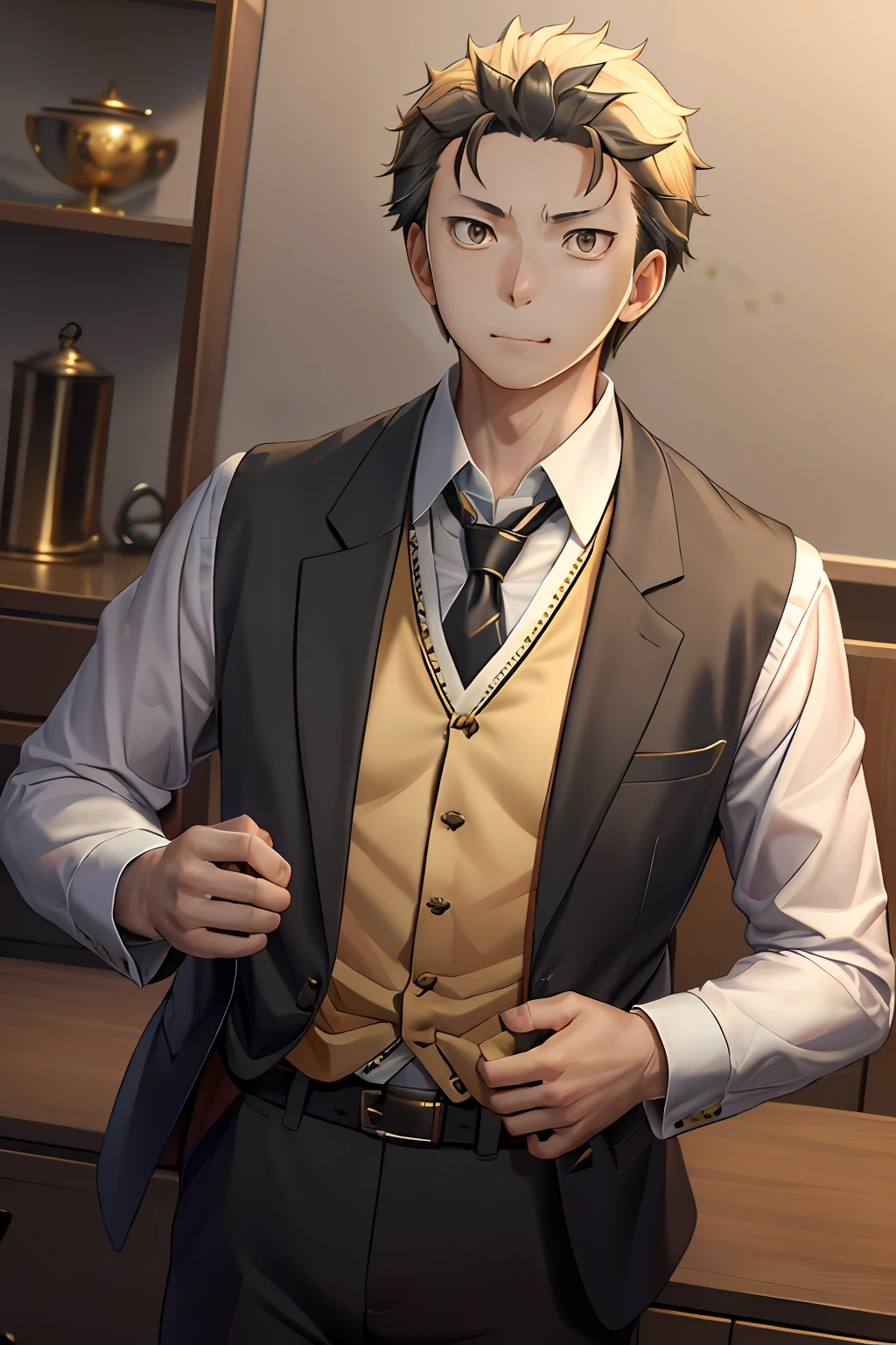 (1 Adult male),A high resolution, Sharp focus, Pixiv masterpiece, ((Complicated details)), highly detailed, natsuki_subaru, 1 man, with her mouth open,drools,full bodyesbian, Golden eyes(eyes glowing), with short golden hair,white shirt,Wear a tie,Wear a belt,perspire,look from down