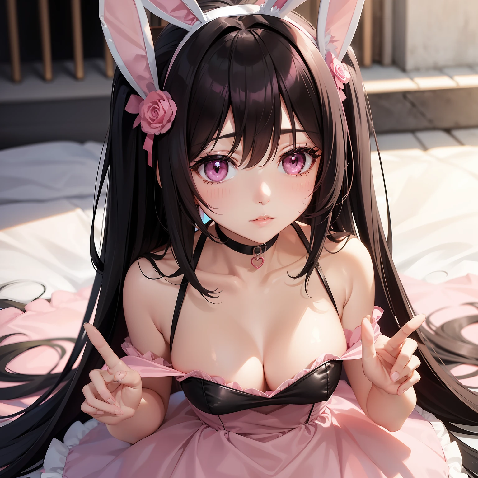 a women, pink bunny ears, black hair, pink eyes, pink dress