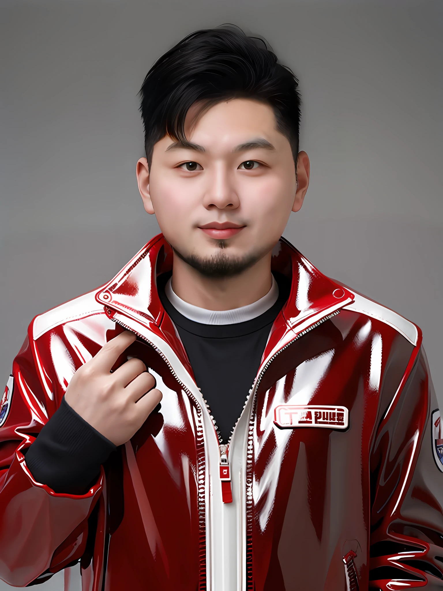 A Chinese male high school student,Wearing a red PVC game suit