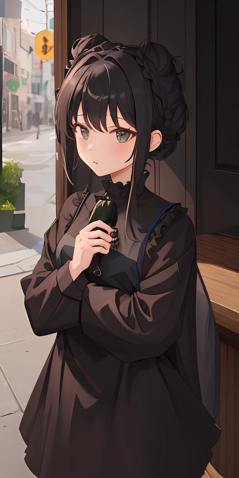 1 girl cute, her hair in a black garlic bun, wearing a wide shirt
