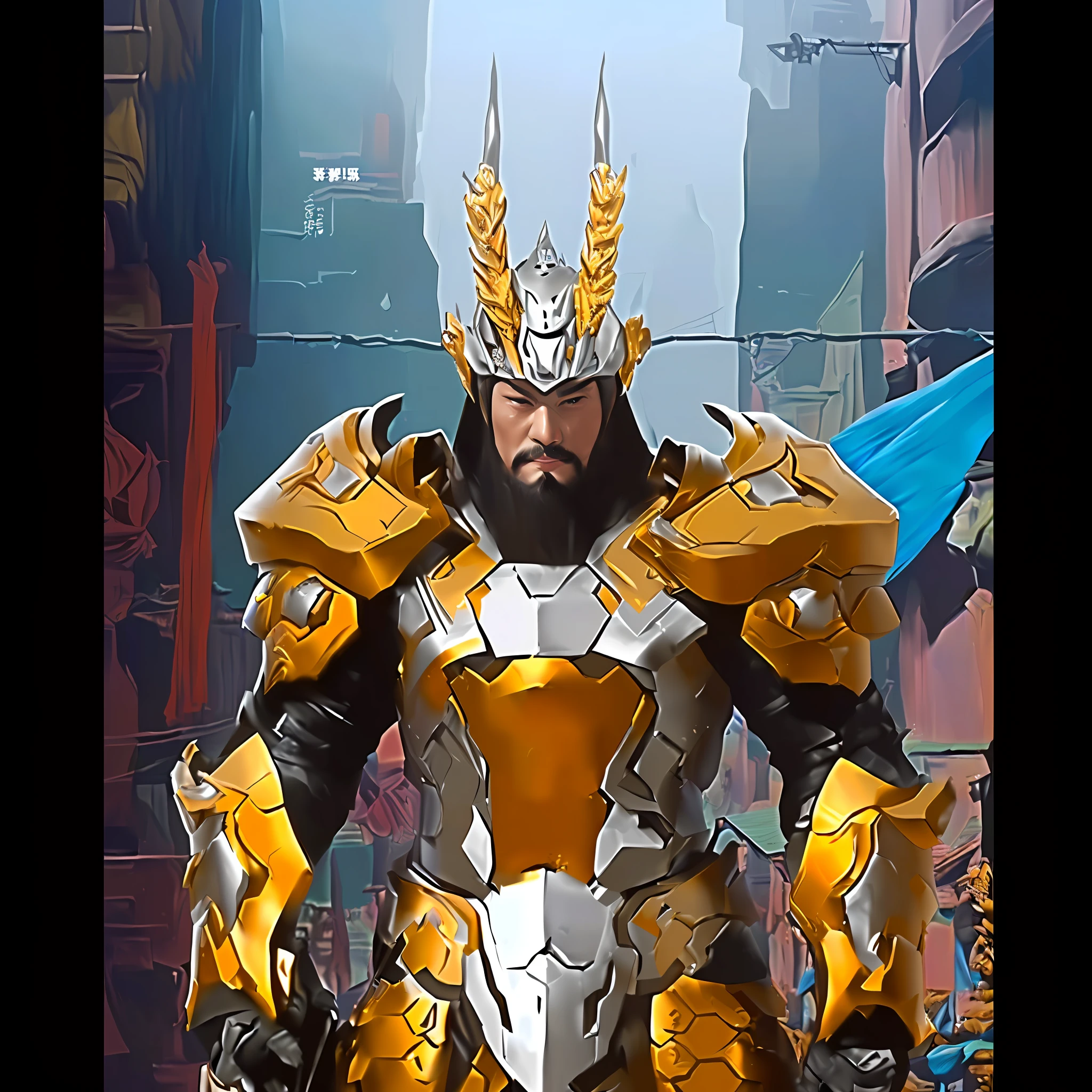 A man in armor stands in a city, gold paladin, Inspired by Huang Shen, Guan yu, hybrid from dynasty warriror, G Liulian art style, zhongli from genshin impact, Inspired by Hu Zaobin, inspired by Li Gonglin, greek god in mecha style, as an overwatch character, as an overwatch character