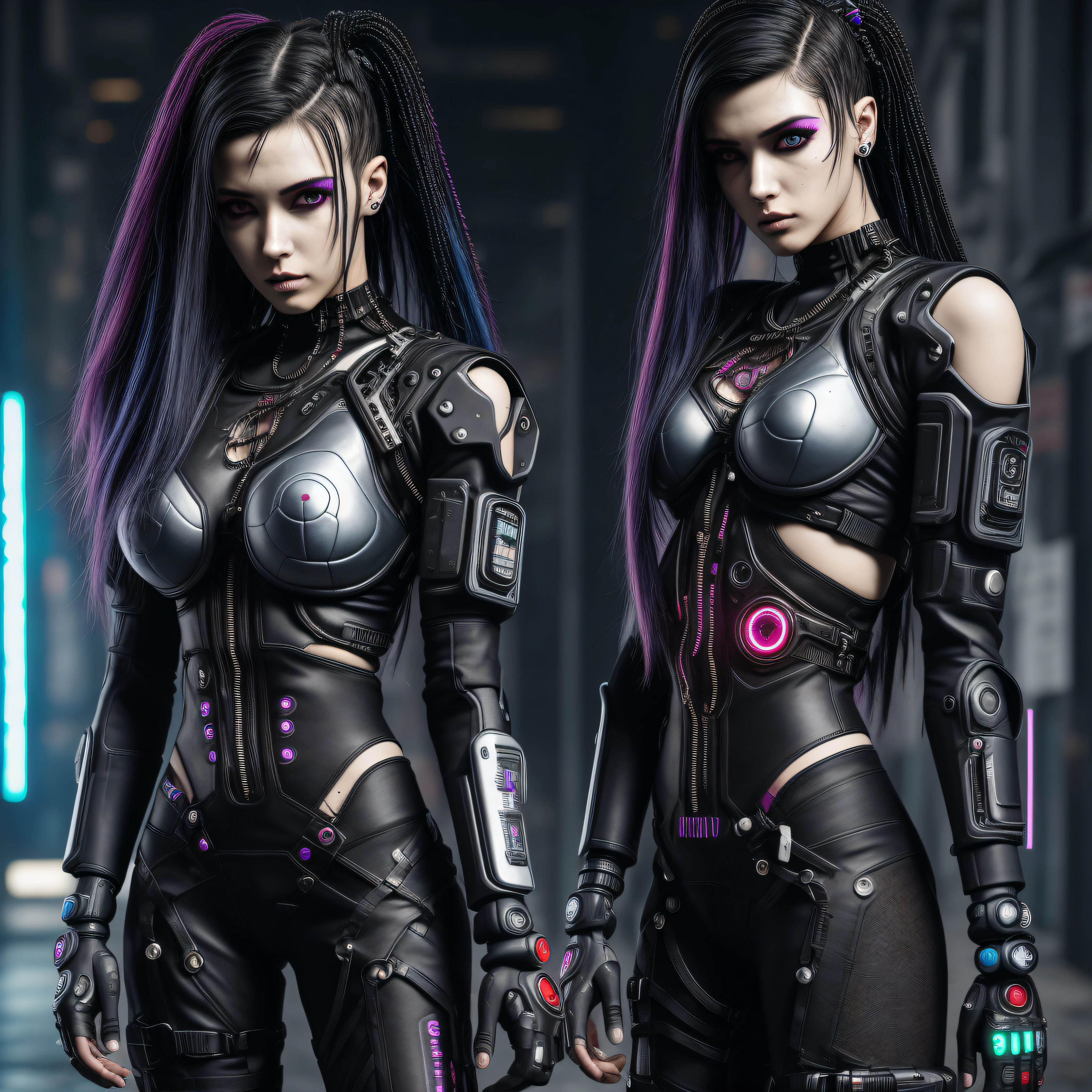 sapatos de salto alto roxos e pretos com correntes e espinhos, salto alto. Anime Style na empresa Pixiv, Cybernetic legs, boneca, alta moda cyberpunk, sapatos rave heavy metal, altamente renderizado!!, sapatos jester, cyberpunk altamente detalhado, highdetailed, estilo cyberpunk , hiper-realista, estilo cyberpunk hiper-realista, Cyberpunk 2 0 e. o modelo menina