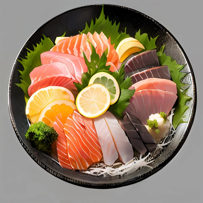 A bowl of lemon sashimi, japanese fusion cuisine, , Beautiful image, author:Kishiganku, sushi, stunning images, by Gusukuma Seihō, daoshu, author:Chai Mansion, yoshiku,hand painted style,Estilo de Makoto Shinkai,Food illustration,anime food,down view