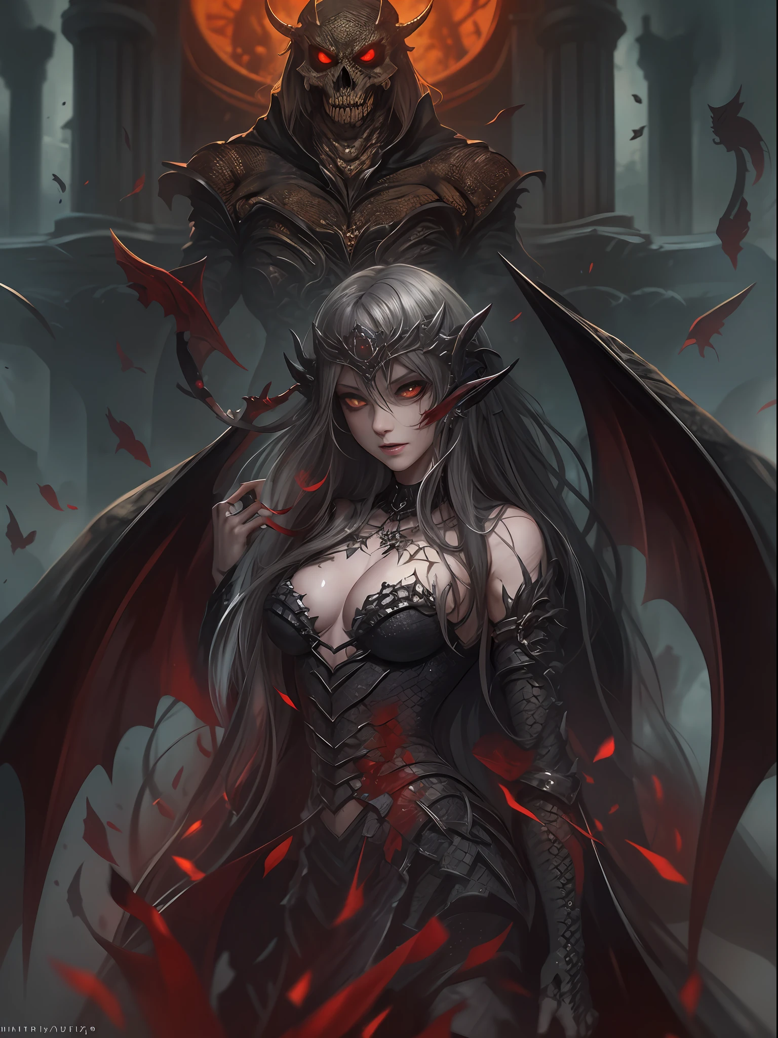 best qualtiy, tmasterpiece, illustratio: Judge Serge, half-body shots, Clear focus, (insane detailed), Highly detailed centering, erect through, grown woman, Beautiful face, (Highly detailed face:1.2), evilsmile, (Black scaly skin:1.5), Red eyes, Slender body, Large chest and thin waist, crying blood, (Long, Flowing shiny silver hair:0.9), 5 fingers, Ruby jewelry, Big demon_Wings, large full moon, Walk through the misty castle, The ground was covered with bloody skeleton corpses, Embers in the back, flying bats, (natta:1.2)