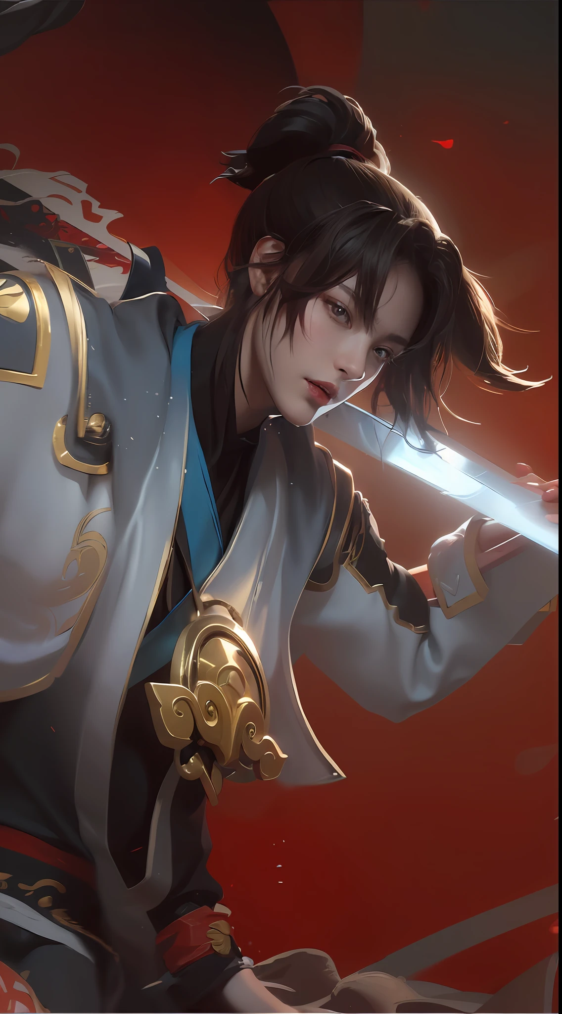 ((tmasterpiece)), ((Best quality), 8 k'', High detail, super super detail, rich details​，a close up of a person holding a sword in a field, handsome guy in demon killer art, heise jinyao, Keqing from Genshin Impact, zhongli from genshin impact, by Yang J, zhao yun, Inspired by Huang Shen, shirow masamune, Extremely detailed Artgerm, inspired by Yang Jin, Inspired by Shen Zhou，large moon