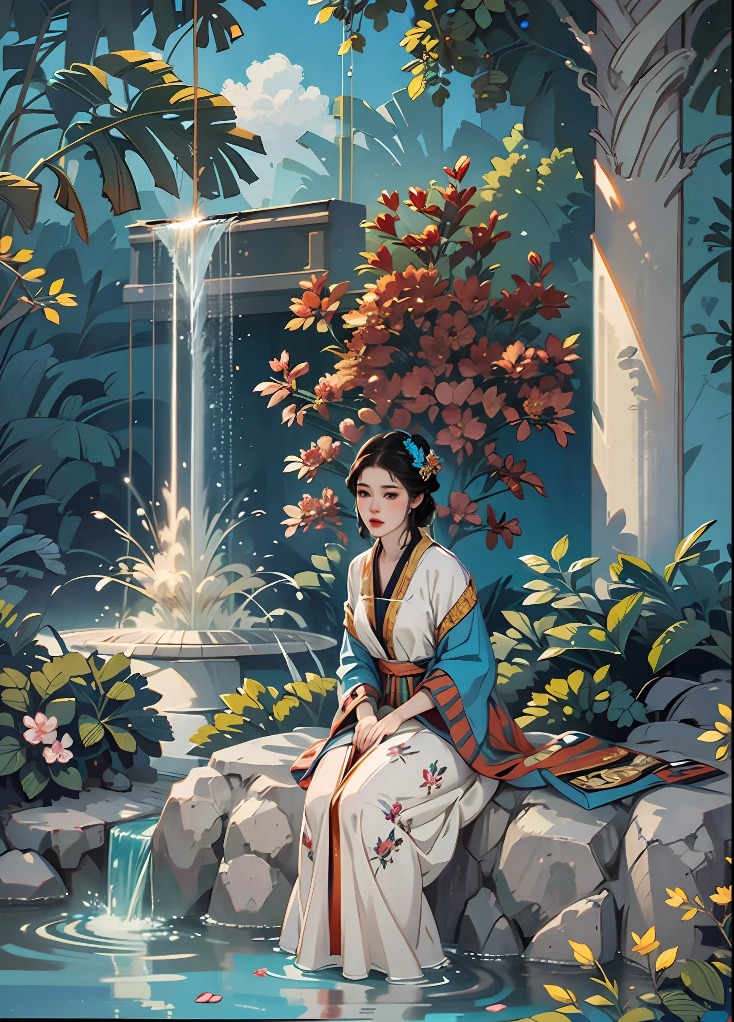 A girl sits by a  very big fountain with lots of blue butterflies, realistic , harmonious scene, masterpiece, clearly 4k, high quality, landscape, sky background --auto --s2
