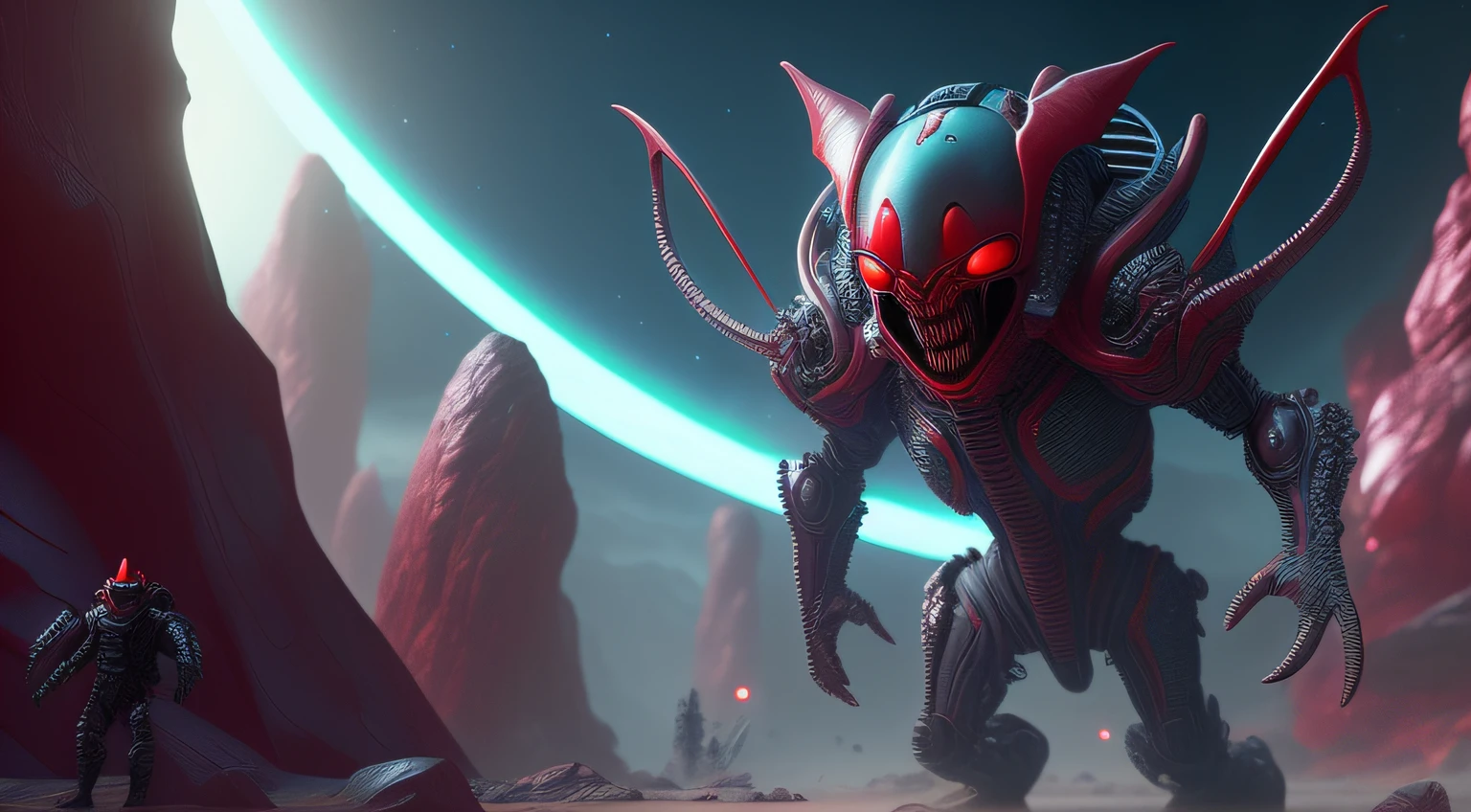 Incredible and spectacular scenes, ((High quality)), ((Detailed)), ((fantaisie)), "alien rouge effrayant, Realist, Best quality, 4K, pustules, corps en entier, Standing on a hostile and terrifying planet", image quality (Effet de rendu 3D) , Extreme details