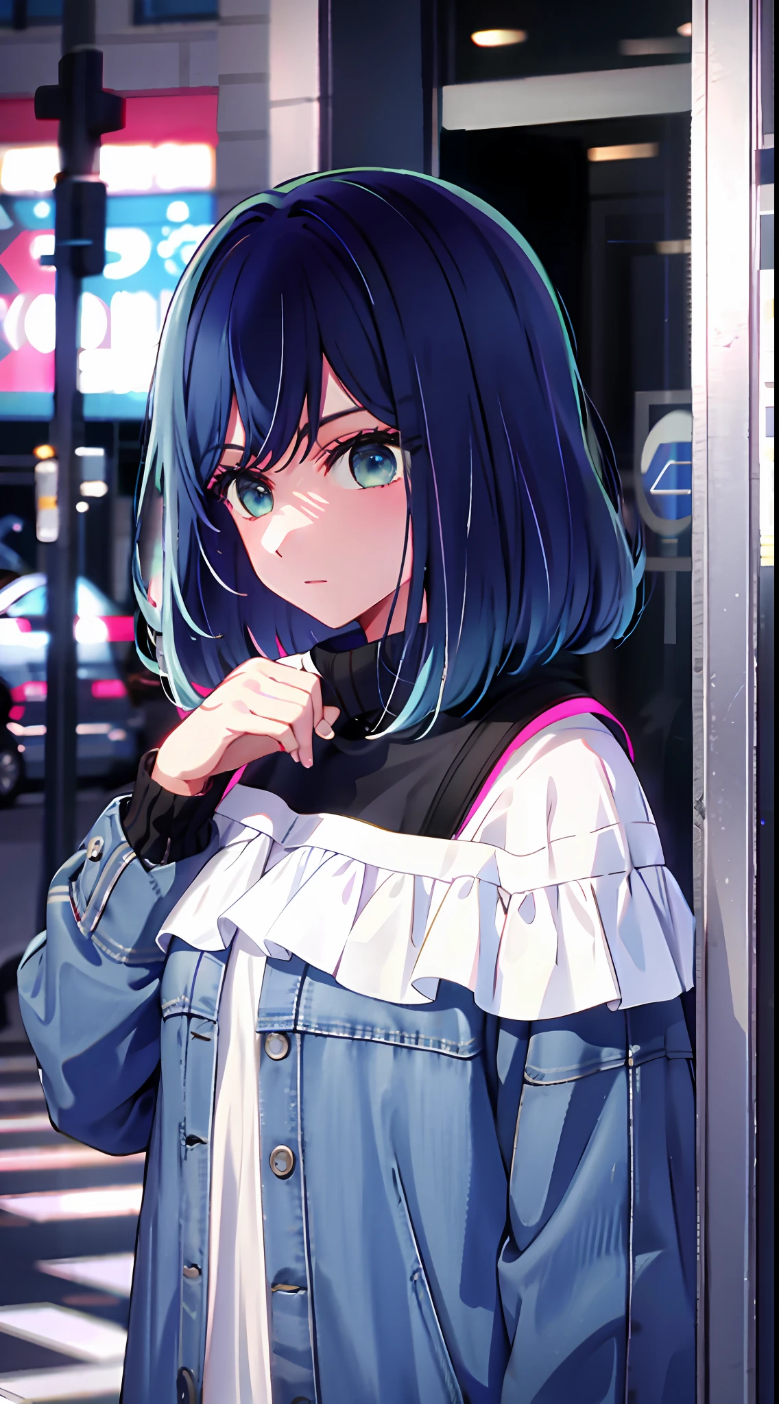 Best quality, Ultra high resolution, 1 girl, solo, upper body, Sky, City, street, Blue hair, (Pink eyes: 0.5), stylish, Off-the-shoulder, oversized coat,
