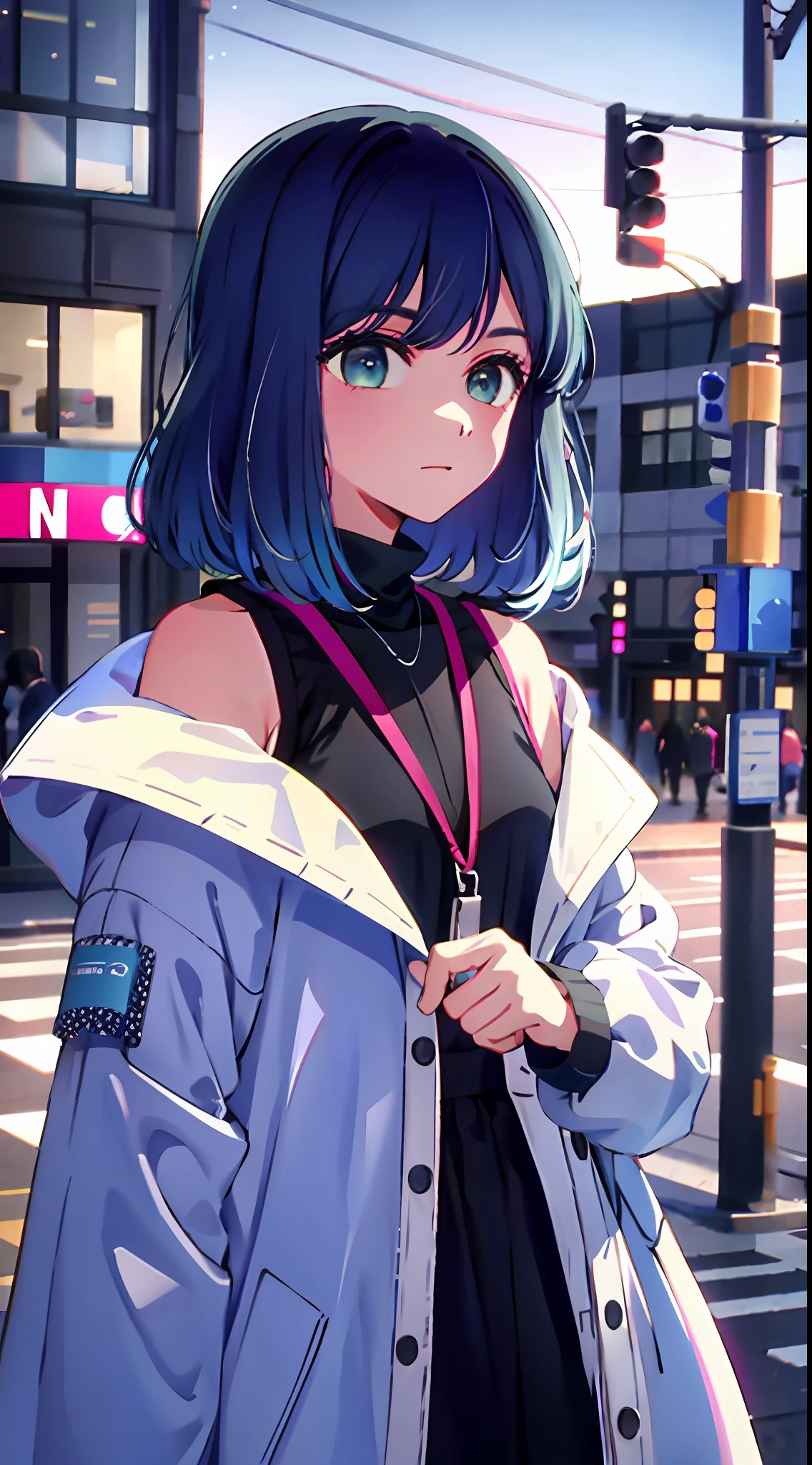 Best quality, Ultra high resolution, 1 girl, solo, upper body, Sky, City, street, Blue hair, (Pink eyes: 0.5), stylish, Off-the-shoulder, oversized coat,