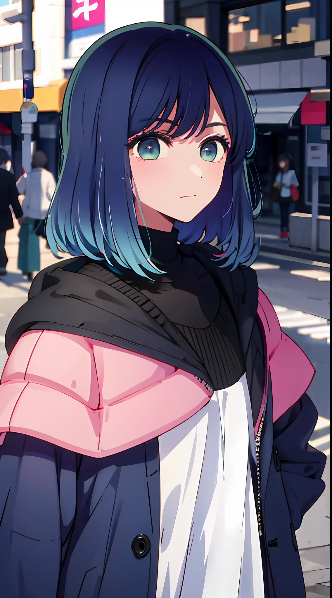 Best quality, Ultra high resolution, 1 girl, solo, upper body, Sky, City, street, Blue hair, (Pink eyes: 0.5), stylish, Off-the-shoulder, oversized coat,