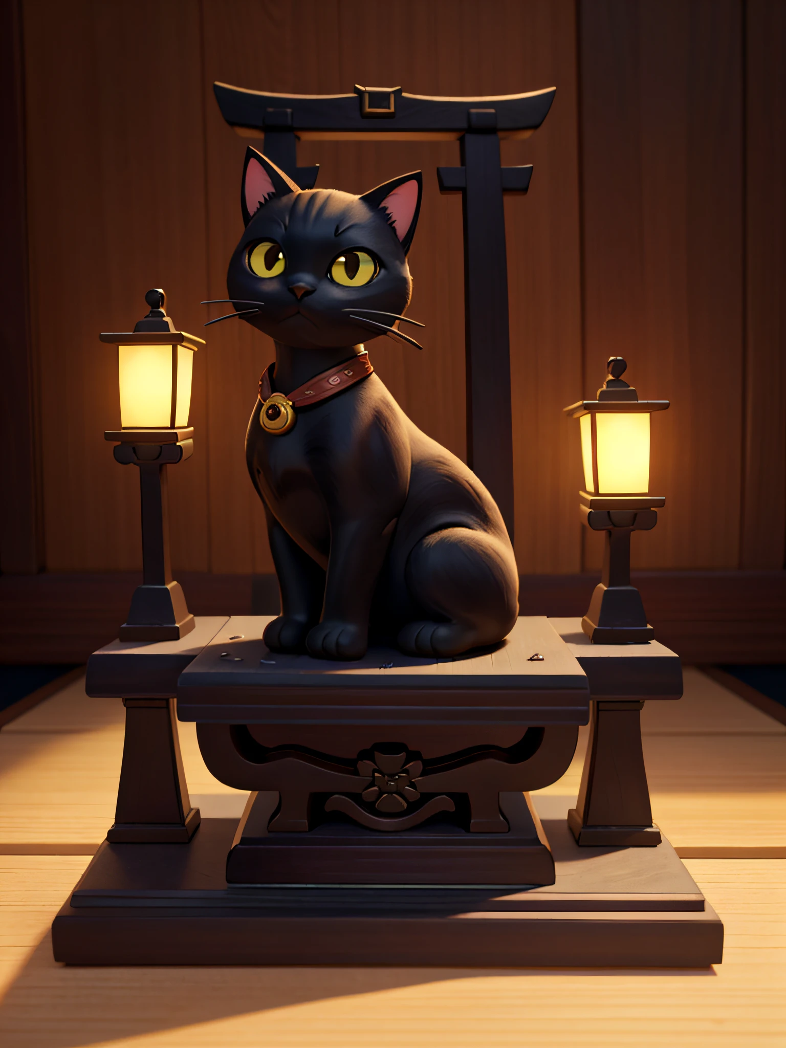 a cat,cute cat,one body,one head,singl face,toy,vignette figure,whole body、1 cat、Cute Cat Figure、Deformed cat、Sparkling eyes、Cat whole body、Output image quality(add detail、The ultra -The high-definition、Masterpiece、hight resolution、8K、Award-winning works)、(intricate-detail、ultra-detailliert:1.2)、Cinematic Shots、vignettes、central、Japan motifs(shrines)、black cat、Chic impression、Muted shades、gentle shades、appearance々Proposing figures made of similar materials、Attractive composition、Attractive lighting、depth of fields、diorama、Figure material(woodenhor、Woody)