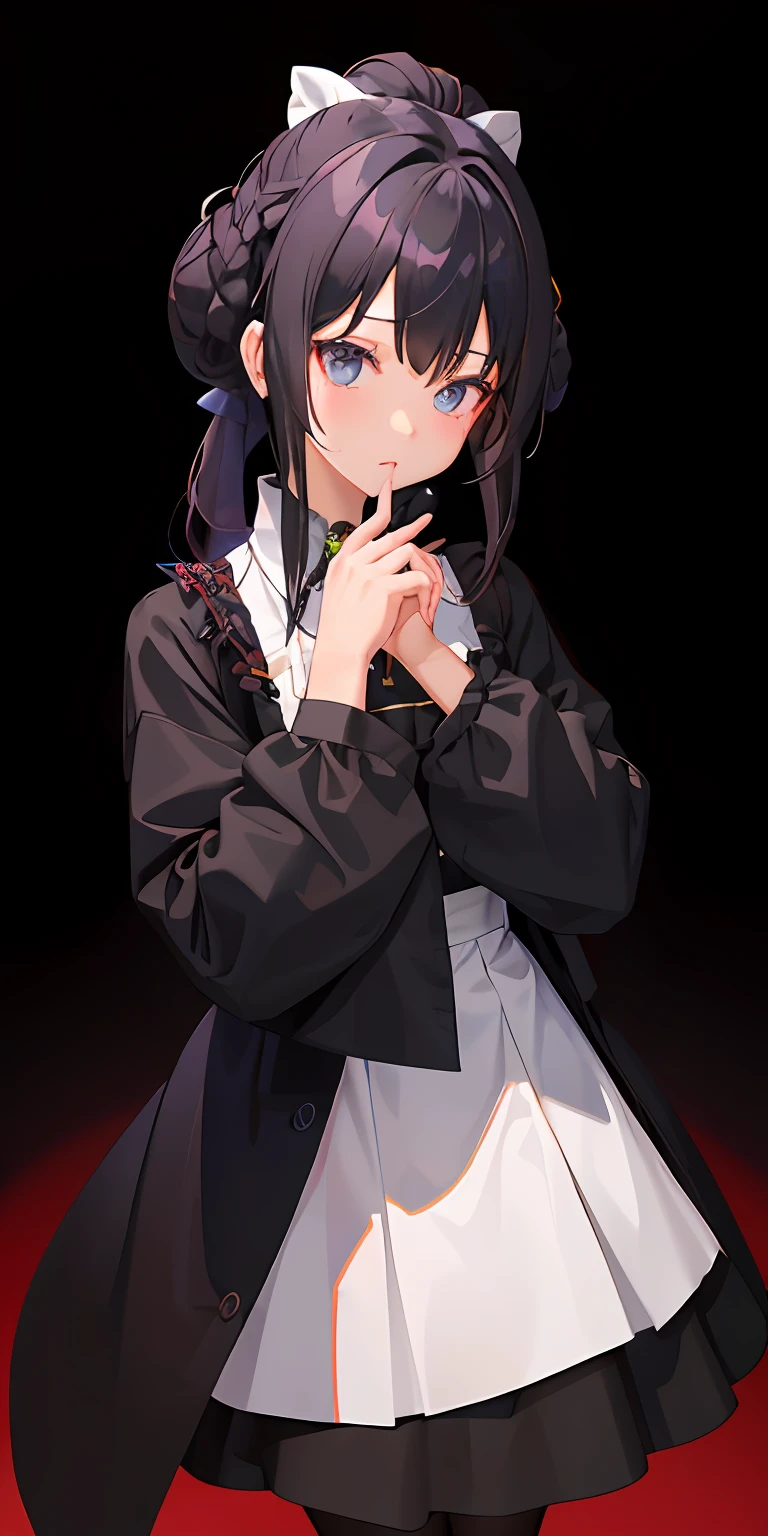 1 girl cute, her hair in a black garlic bun, wearing a wide shirt