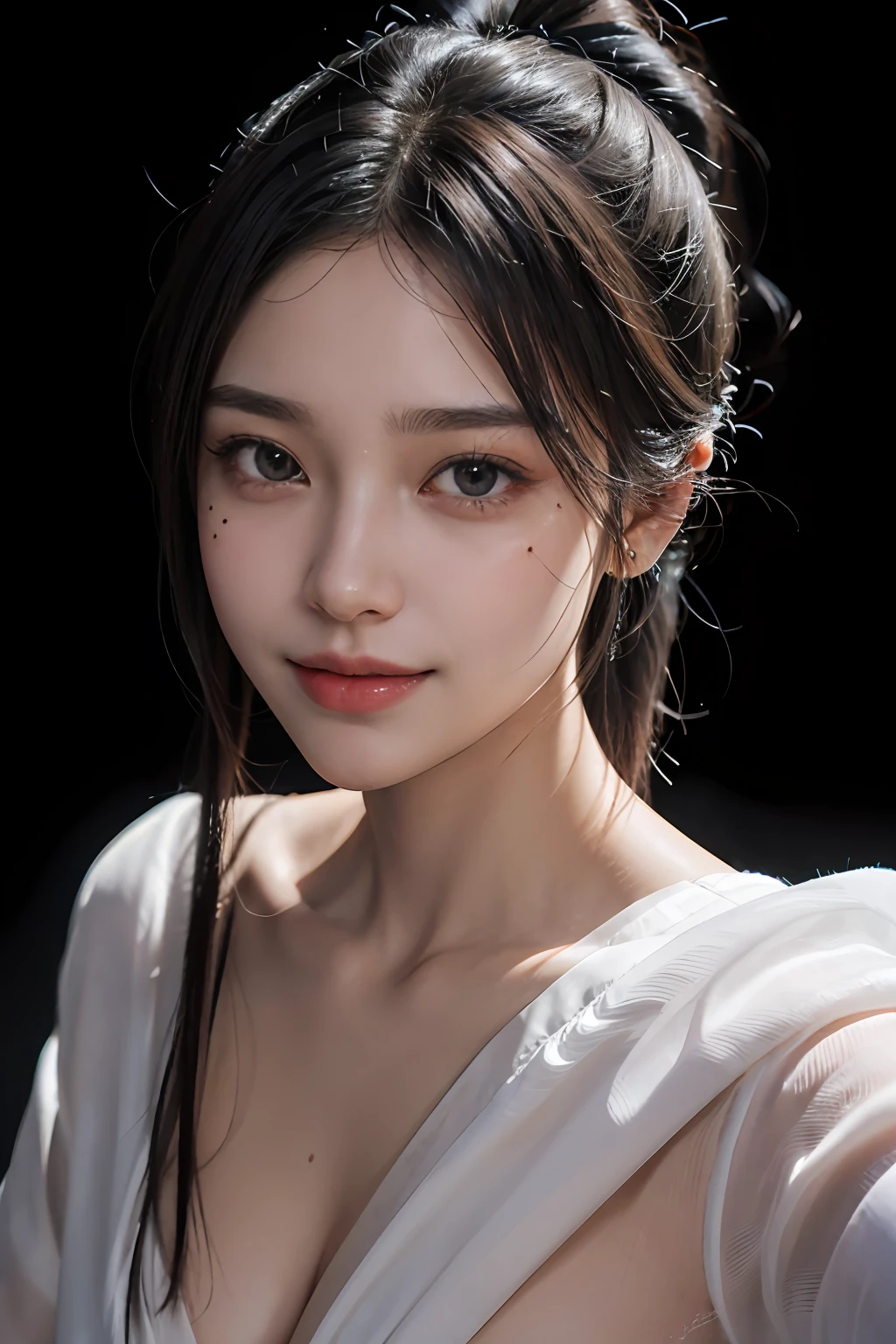 hair strand, low ponytail, hair bow, hair bobbles, mole under eye, aqua eyes, grin, smirk, chiaroscuro, motion lines, Verism, textured skin, anatomically correct, masterpiece, UHD, ccurate, high quality, best quality, award winning, highres, super detail, 8k,(More detailed skin texture, silk weaving process:1.5),(nsfw:0.8)