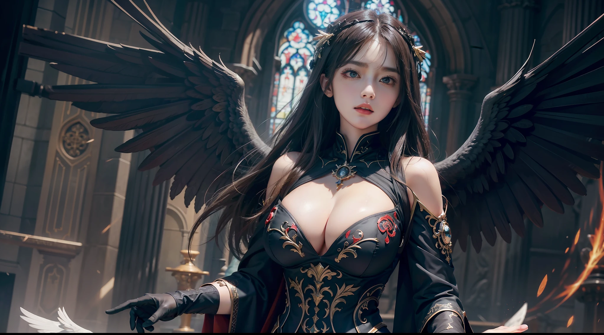 (Award-winning digital artwork:1.3) af (sketching:1.3),(with dynamism:1.3),(Saturation:1.3),(Close portrait:1.3),(femele:1.4),(big breasts beautiful: 1.4),(carismatic:1.3),angelicales,Perfect Detailed Eyes,Bright magic,Church background,Large breasts,complex patterns,Film filter, ,dramatics,dynamicposes,illusory engine, (High detail: 1.9),mystic symbols,black toga,massive wings,Black wings,red color eyes