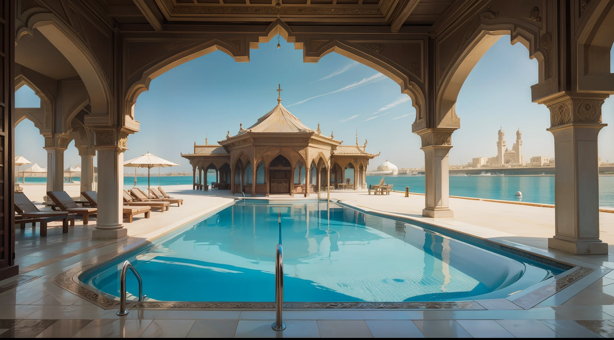 the pool of a hotel on dhow, near dubai, in the style of photorealistic renderings, baroque architecture, 32k uhd, symmetrical design, photo-realistic, religious building, exquisite