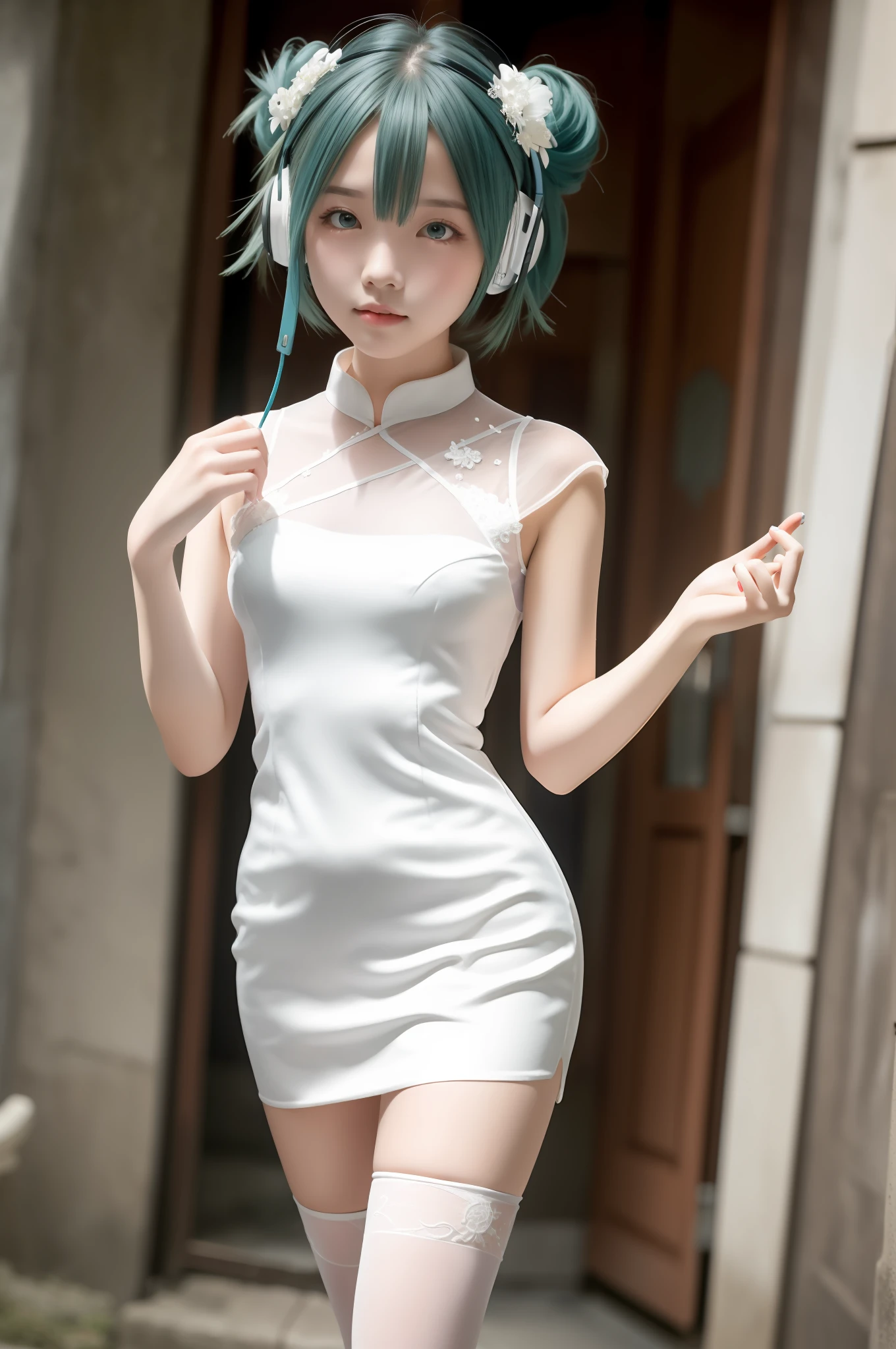 (tmasterpiece,best qualityer),intricately details, 1girll,blue green hair,Heart-shaped openwork,White cheongsam,gossamer,Slender legs,Han Street,Ancient Chinese streets,soaking wet,White liquid,white stockings,adolable,small busts,Slightly exposed chest,underage,adolable,vivaciousness,having fun,Super big eyes,Blue-green ear headphones