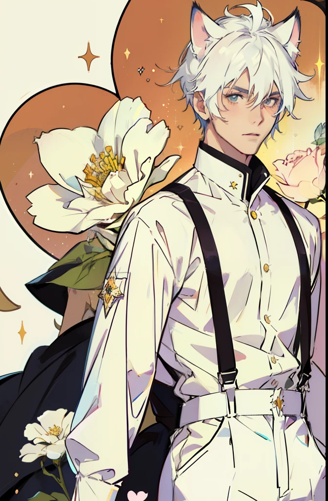 White hair, Cat ears, Suspenders, male people, shoun, full bloom, Sparkle, stereograms, anime big breast, Cowboy shot, hyper HD, Masterpiece, Textured skin, high detal,