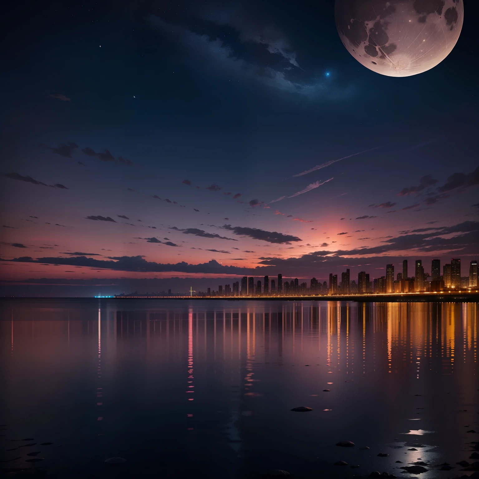 There are no people、Mare、beach、horizon、Fantastic pink sky、fullmoon、Full moon reflected on the surface of the water、Night view of the city in the distance、Night view and lights reflected on the surface of the water
