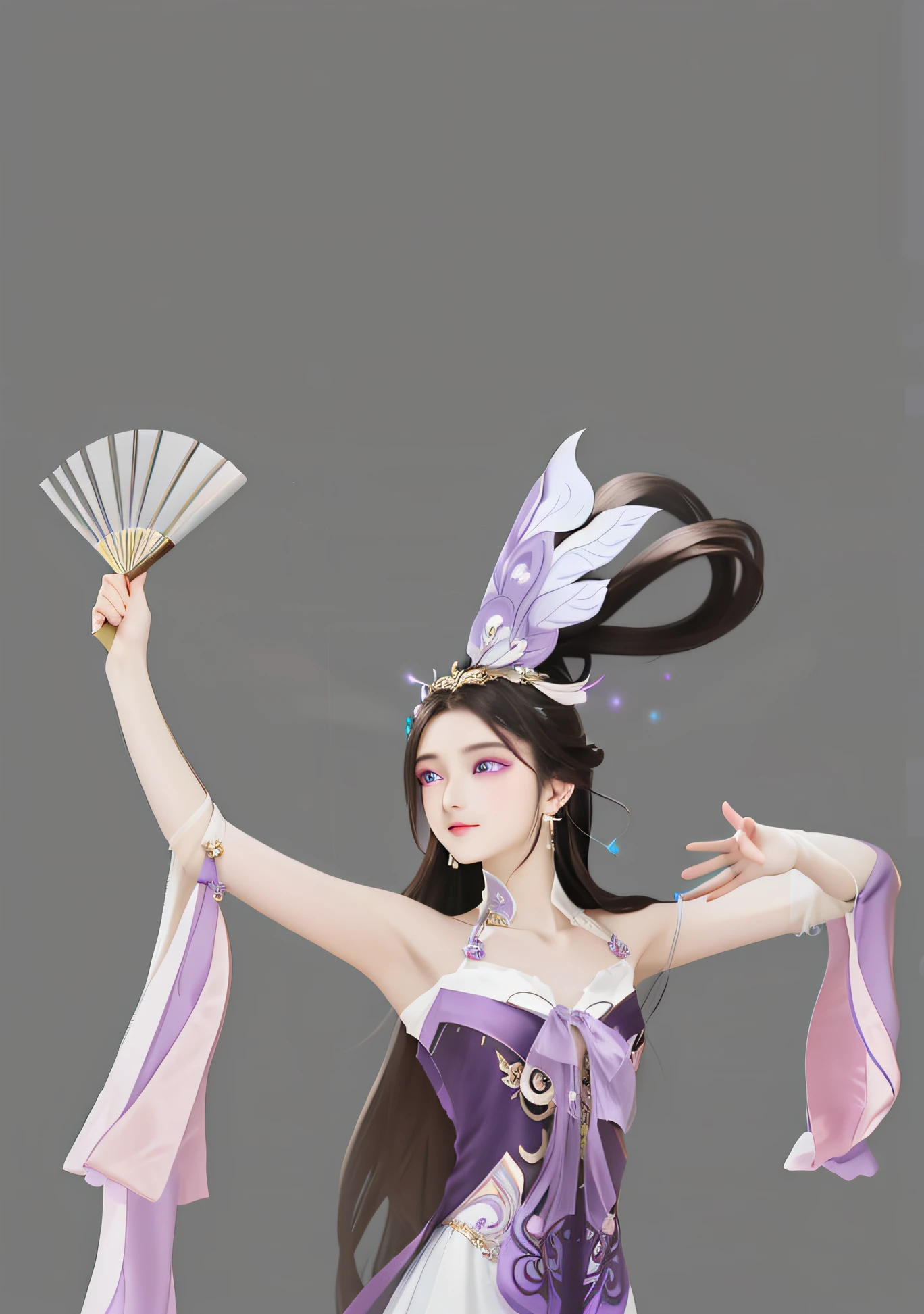 femele,Black-brown hair,long whitr hair,purple robes,Elbow lilac silk,Blue-brown gradient eyes,There are stars in the eyes,White fan in hand