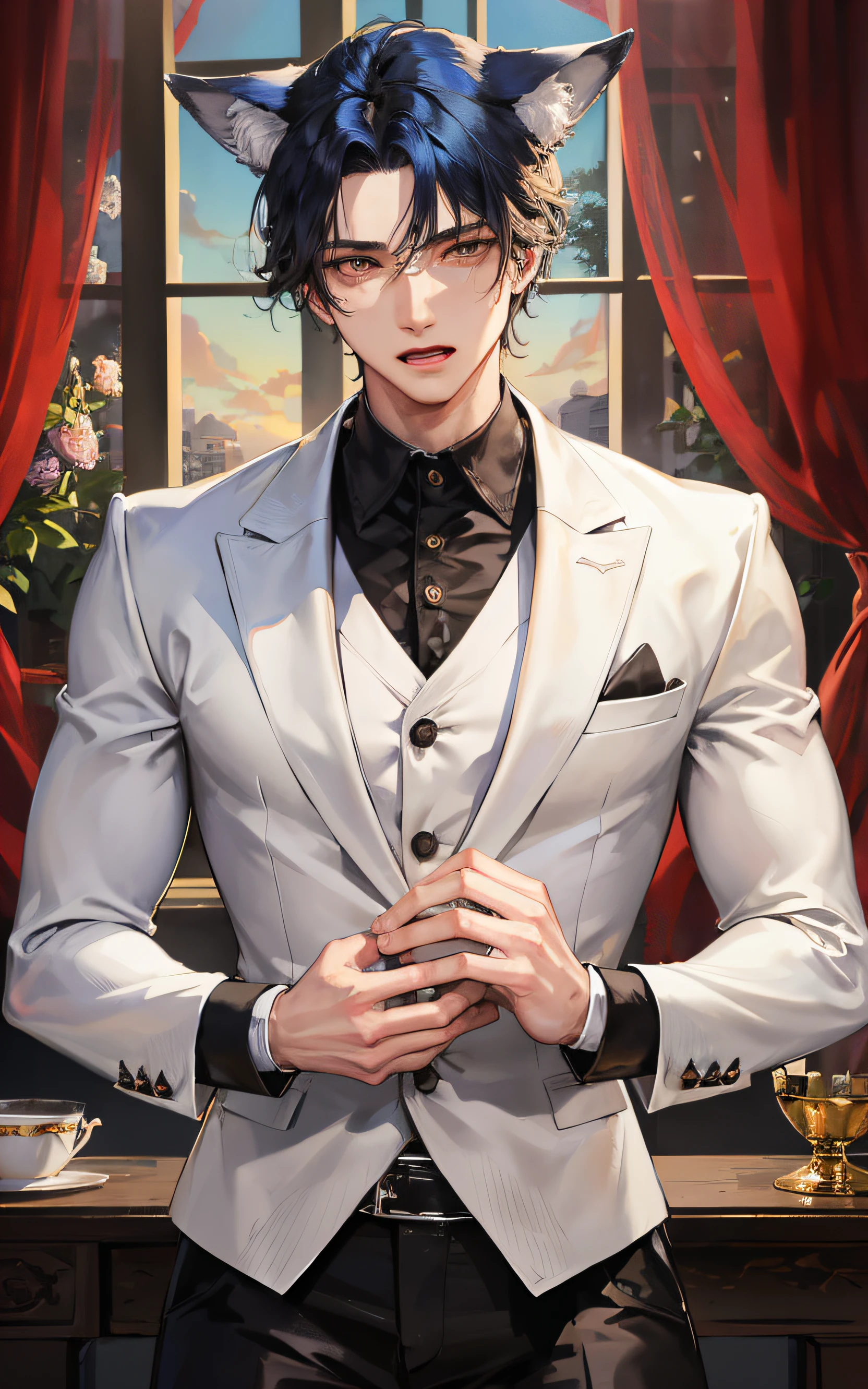 man, masculine, masculine face, attractive, muscular, ((1man)), masterpiece, absurdres, best quality ,intricate details , Sundown, attractive, ((muscular)), adult, one,butler clothes, black pants, Don't look at the view , Not looking at the view, blue hair, perfect detailed face, perfect detailed hands, wolf ears, wolf tail, brown eyes, ((MLS)), open mouth, medium large shoot