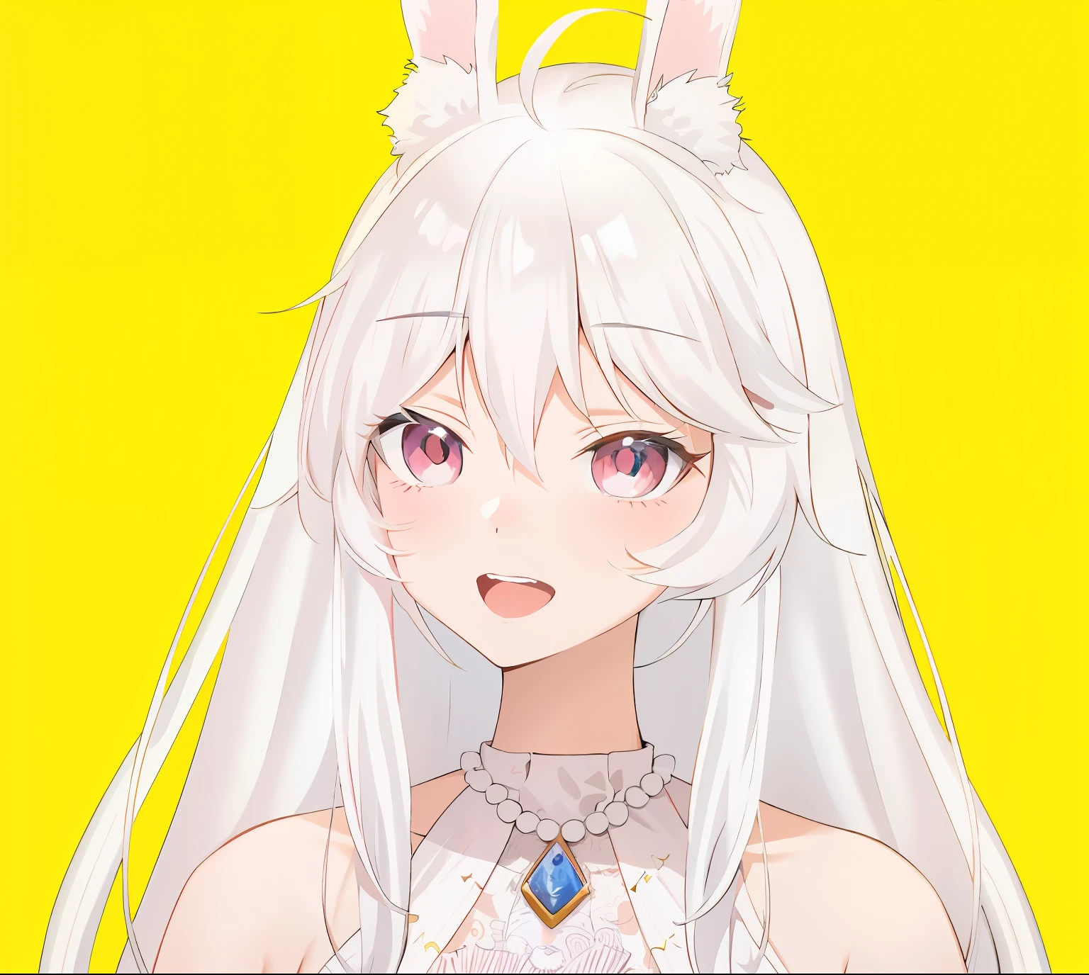 Anime girl with white hair and rabbit ears wearing a necklace, white-haired god, shikamimi, White Cat Girl, ahegao, White-haired fox, with bunny ears, white haired Cangcang, White-haired, neferpitou, Bunny Girl, Anime style portrait, anime art style, flat anime style shading, ahegao face, Loli, Digital anime illustration