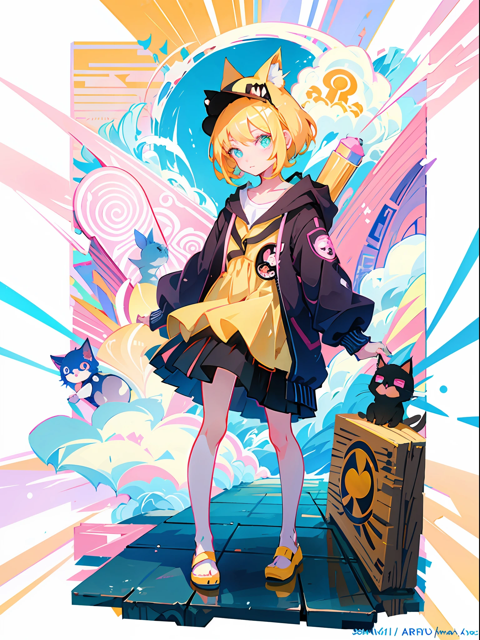 A girl wearing a hat and a group of cats, lovely art style, lofi-girl, Loli, Anime style illustration, decora inspired illustrations, Praise Artstyle, lois van baarle and rossdraws, Splash art anime Loli, small loli girl, elokitty, cute anime catgirl, : flcl + Akira