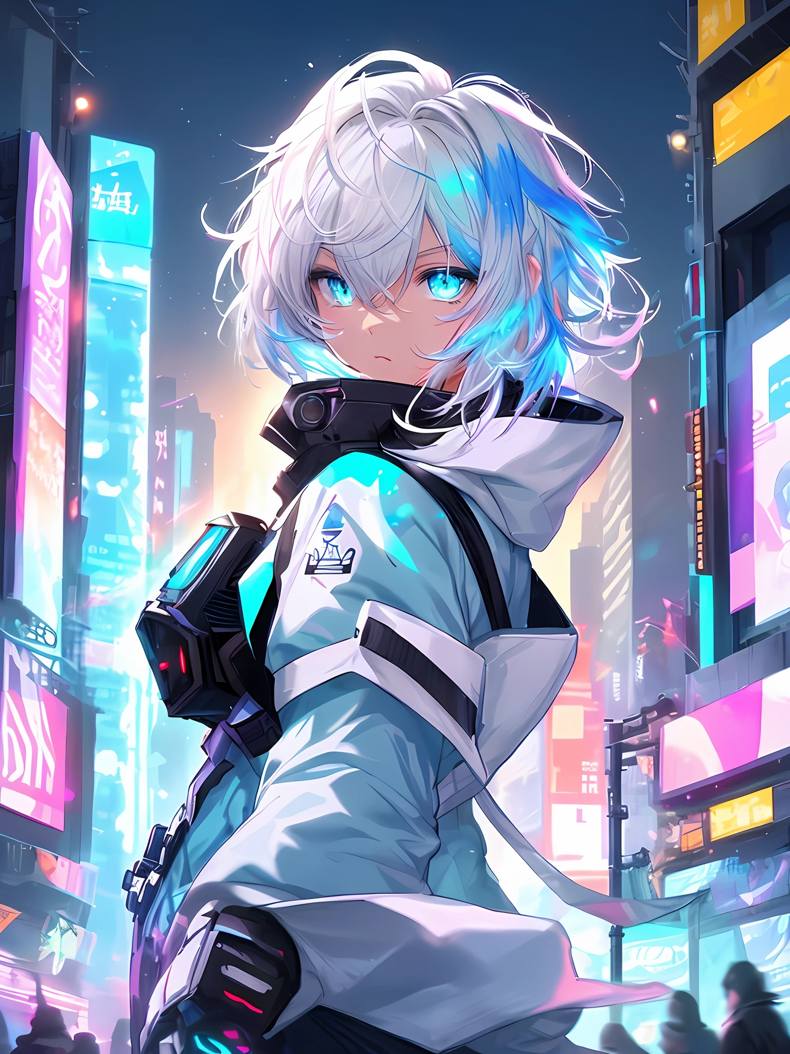 (Kizi),A mysterious figure stood with its back to them。。。。, Neon lights illuminate the cityscape. Their short white hair splattered colorful paint in midair。, Add elements of artistic intrigue. Glowing blue eyes reinforce the mysterious aura that surrounds the character. The city backdrop with neon lights creates an atmosphere of suspense and mystery. The digital artwork is of high quality, Capture all the intricate details and lighting effects, Make it visually appealing and immersive.