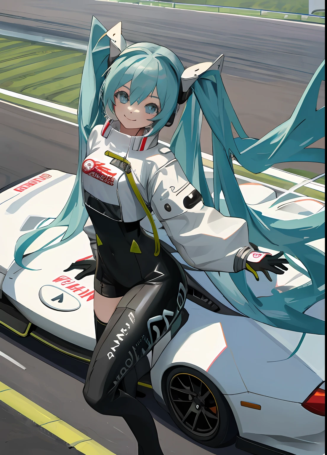 masterpiece,(ultra-detailed),1girl, smile, car, racecar, circuit, racing miku, black bodysuit, cropped jacket, white jacket, long sleeves, two-tone gloves, thigh boots, rope-bondage