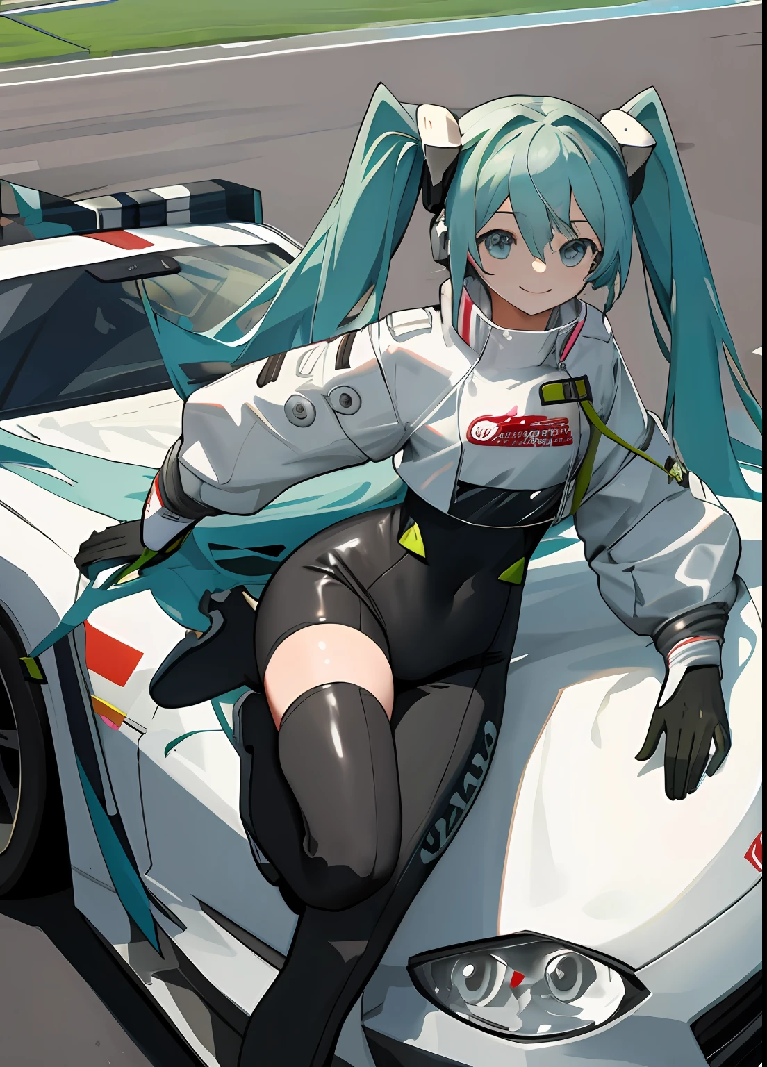 masterpiece,(ultra-detailed),1girl, smile, car,  racecar, circuit,  racing miku, black bodysuit, cropped jacket, white jacket, long sleeves, two-tone gloves, thigh boots, rope-bondage