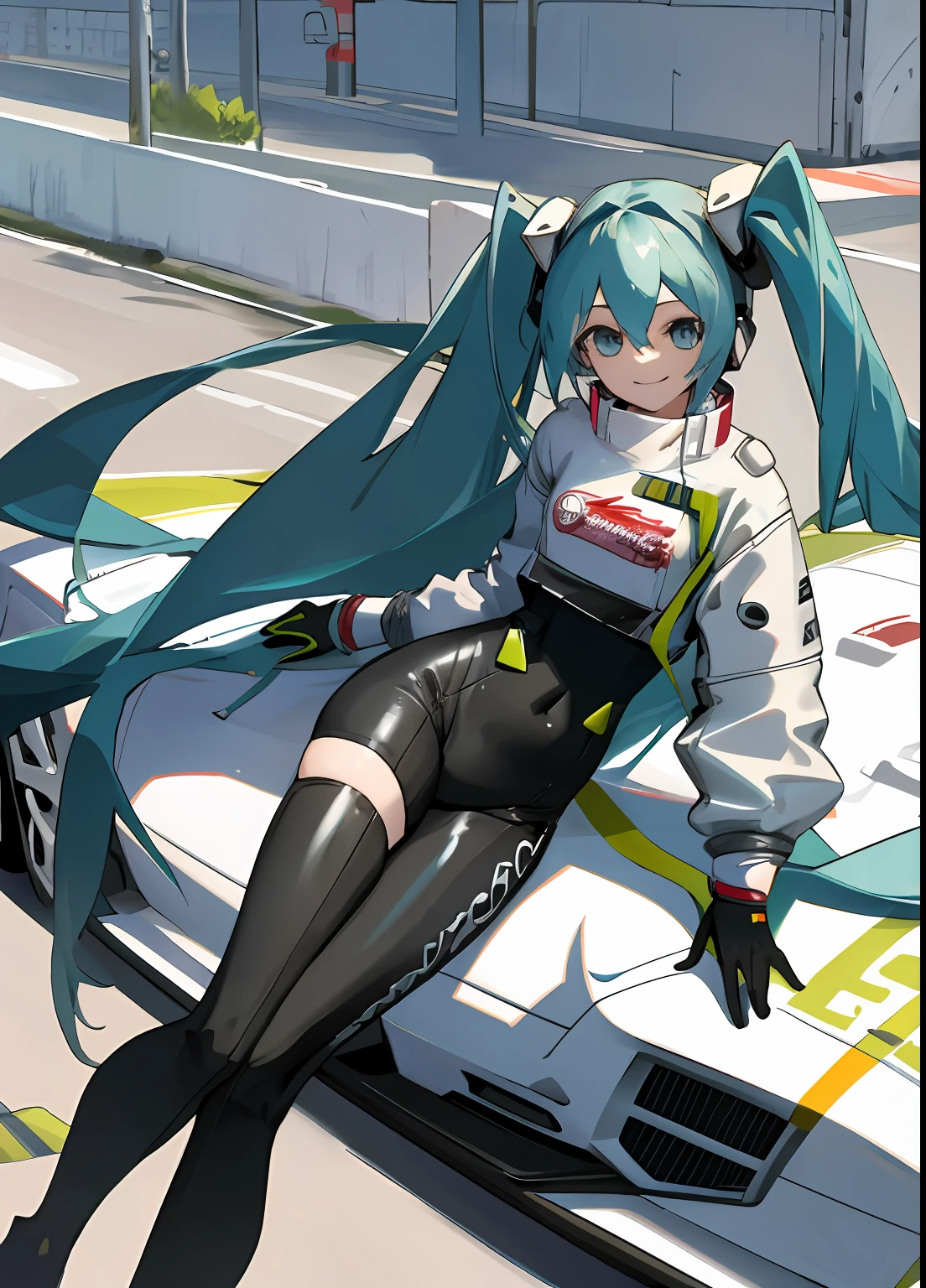 masterpiece,(ultra-detailed),1girl, smile, car,  racecar, circuit,  racing miku, black bodysuit, cropped jacket, white jacket, long sleeves, two-tone gloves, thigh boots, rope-bondage