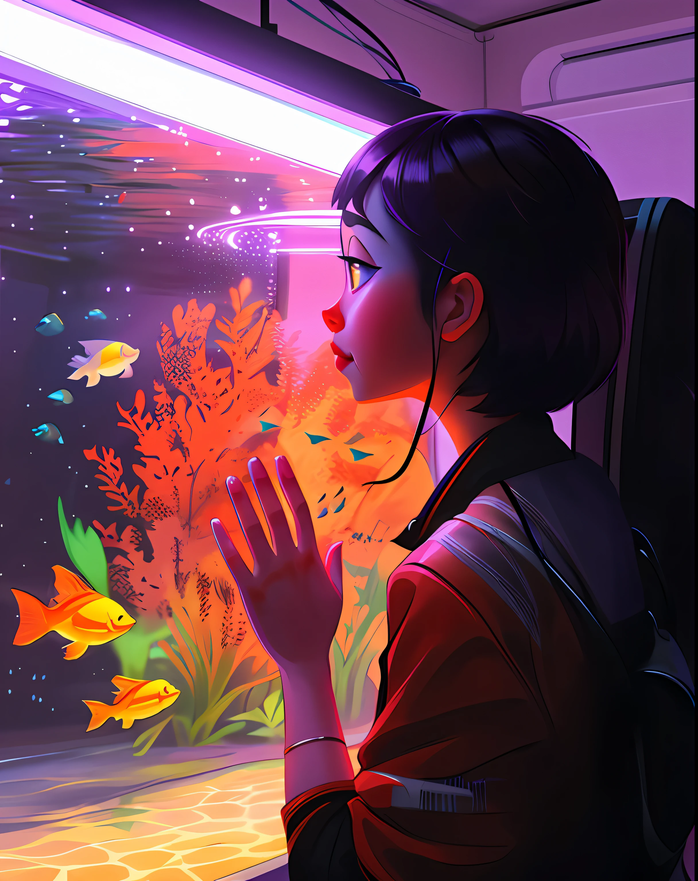 Anime girl looking at fish with purple light in aquarium, pixar and ilya kuvshinov, inspired by Ross Tran, cyril rolando and goro fujita, Inspired by Cyril Rolando, author:Cyril Rolando, in the style of Cyril Rolando, Ross Tran style, ross tran and ilya kuvshinov, Digital art Ilya Kuvhinov