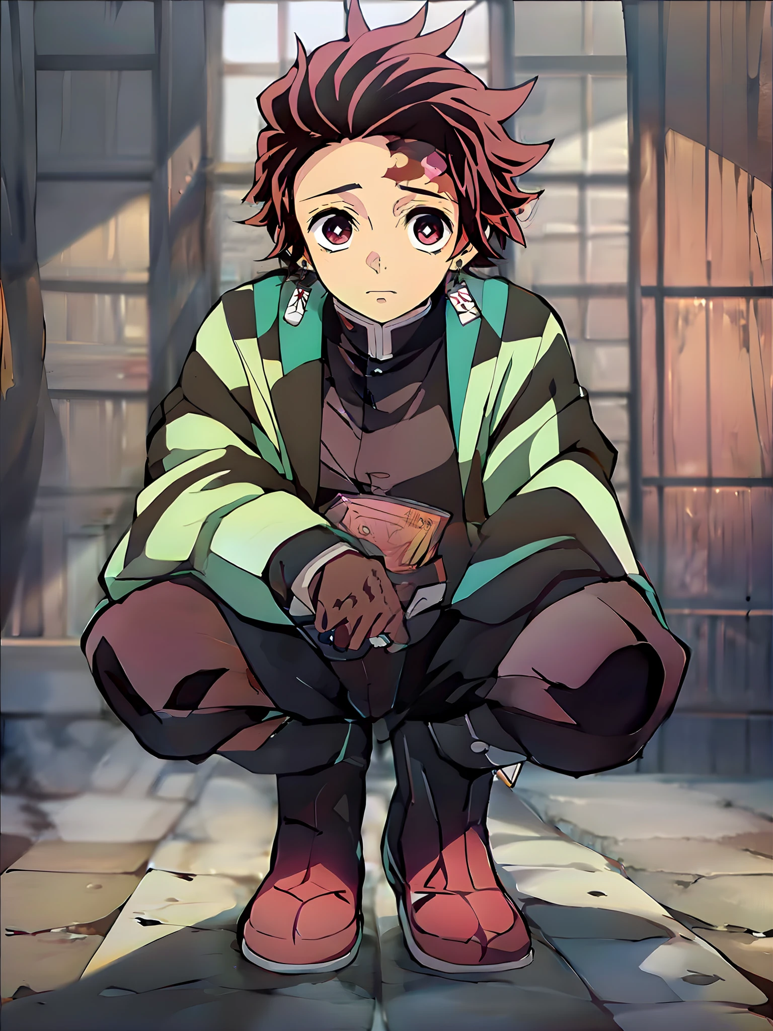 Kamado Tanjiro, official art, unity 8k wallpaper, ultra detailed,  solo, solo focus, perfect anatomy, 1boy, male_focus,  masterpiece, best quality,  brown eyes, multicolored hair, red hair, pink hair, black hair,short hair, squatting, looking at viewer, full body, long sleeves, gloves, yellow pants,boots, jacket, spiked hair, yellow jacket, pants, shoes, red footwear, perfect skin, detailed face, detailed eyes, shiny skin, textured skin, tonemapping, side lighting, rim lighting, good proportions, good anatomy, (highest quality, award winning)