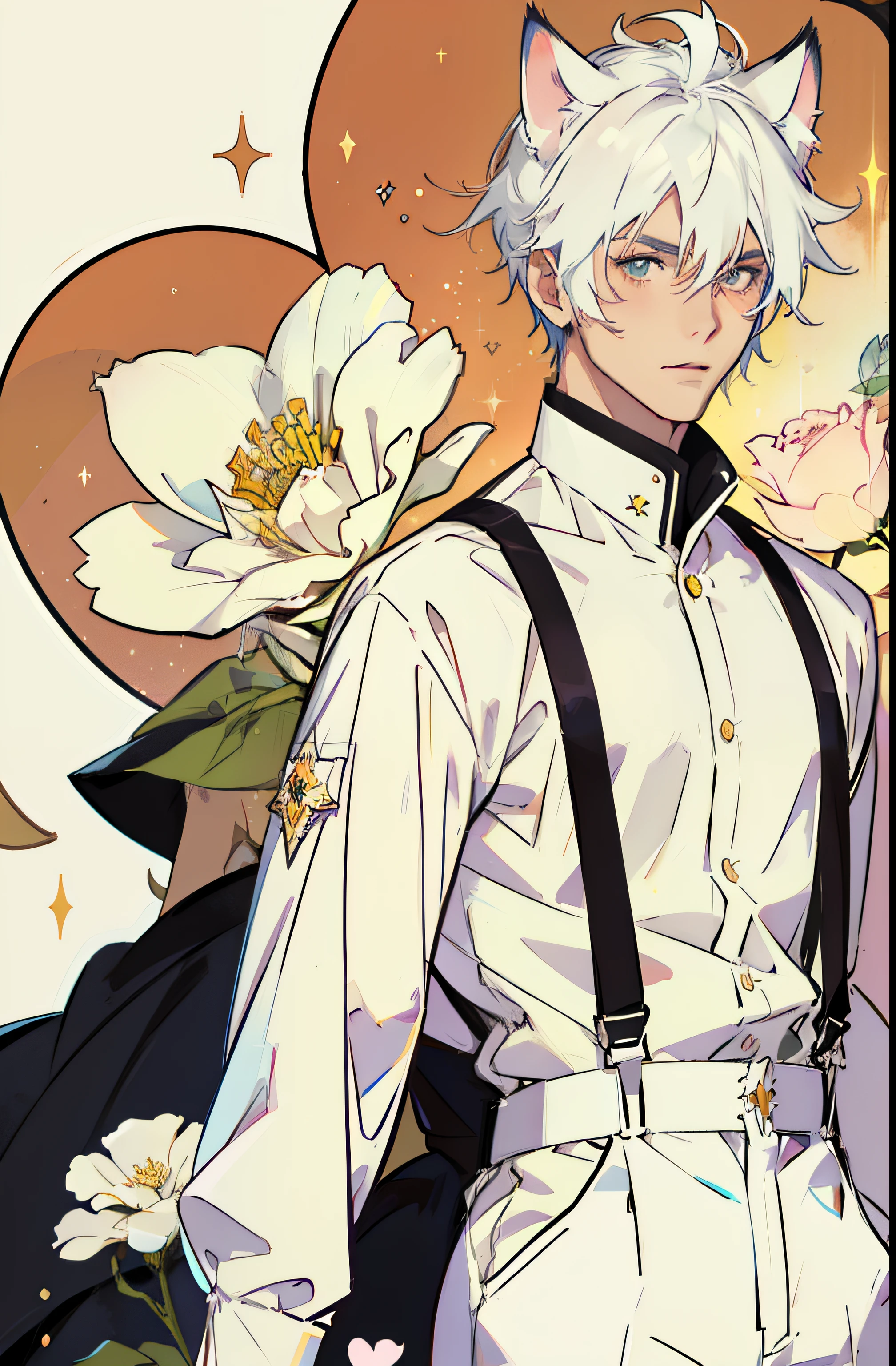 White hair, Cat ears, Suspenders, male people, shoun, full bloom, Sparkle, stereograms, anime big breast, Cowboy shot, hyper HD, Masterpiece, Textured skin, high detal,
