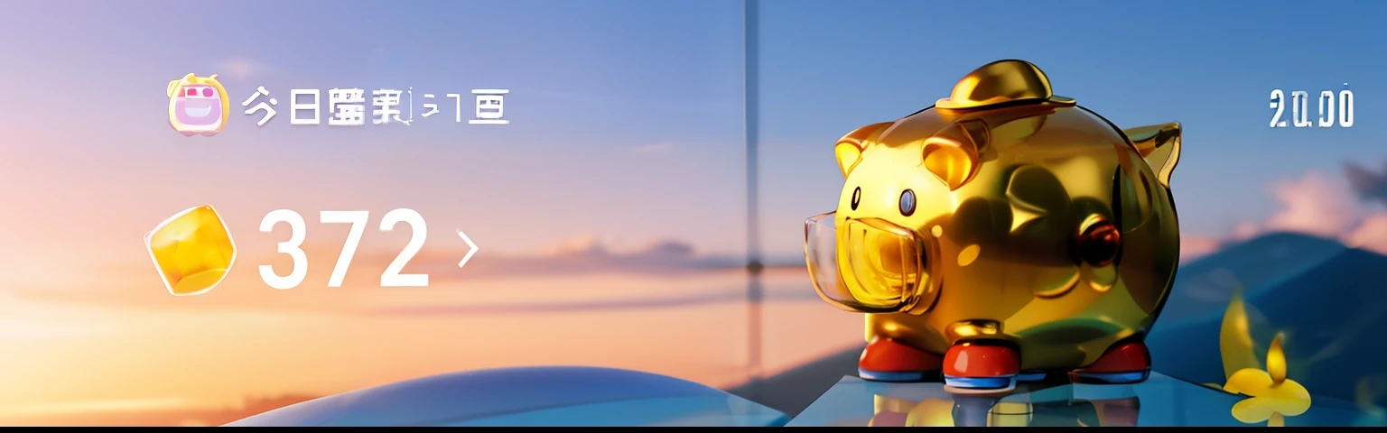 best qualtiy,tmasterpiece,Close up of piggy bank on blue sky background, Clear glass piggy bank,Yellow star gold coin, background-image, um dia ensolarado, Sunny environment, slightly sunny weather, biopunk toys made in china, 2 d cg, , Sunny day