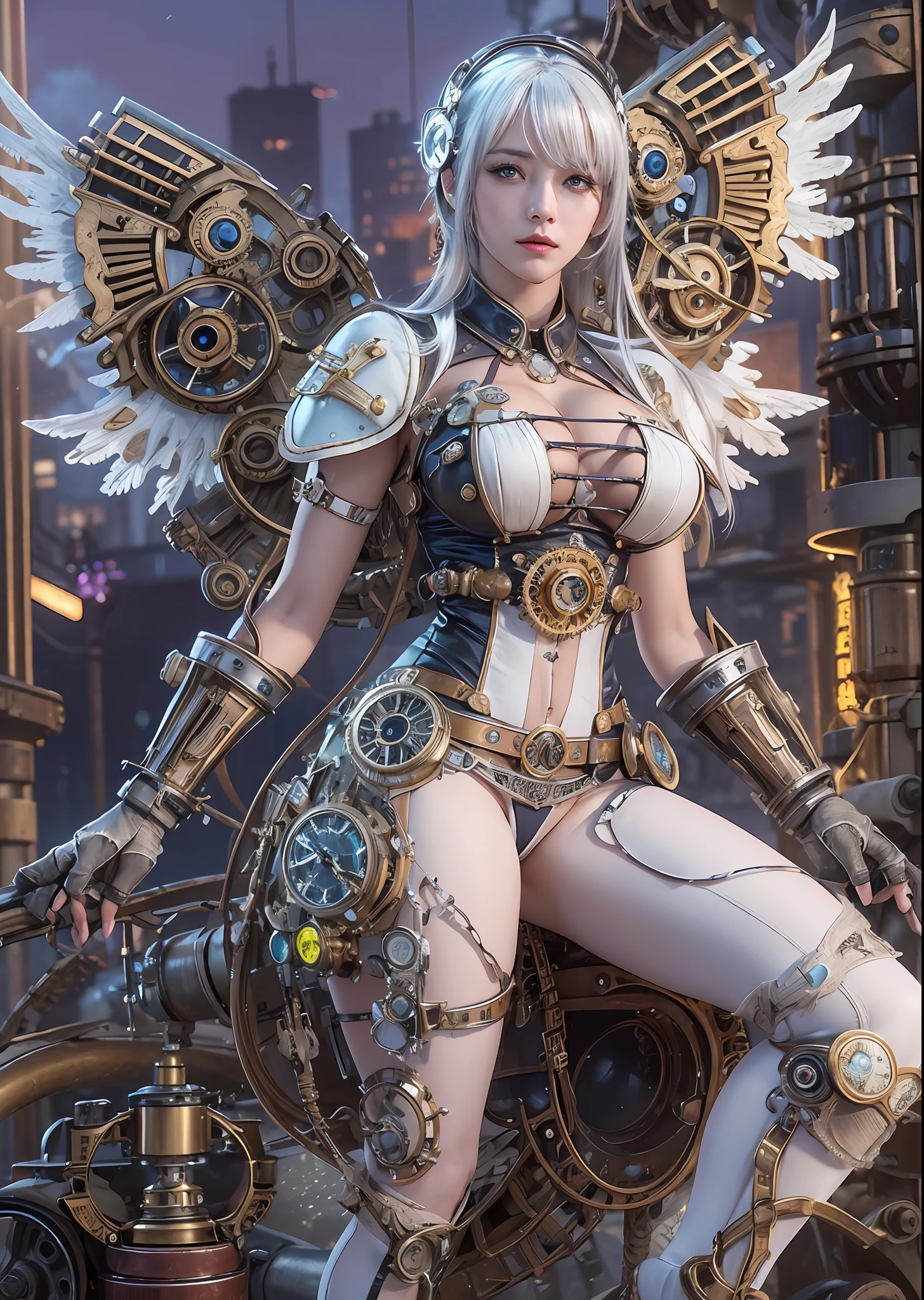 top-quality、masterpiece、超A high resolution、(Photorealsitic:1.4)、Raw photo、Steampunk Angel、large wings made of metal、White porcelain body、Acrylic Clear Cover、white hair、glowy skin、1 steampunk girl、((super realistic details))、portlate、globalillumination、Shadow、octan render、8K、ultrasharp、character edge light,Colossal tits、Raw skin is exposed in cleavage、Details of complex ornaments、Steam engine details、Hydraulic cylinder、Small LED lamp、highly intricate detail、Realistic light、a purple eye、radiant eyes、Facing the camera、neon details、cowboy shot、Futuristic headgear、The background is a steampunk city、、