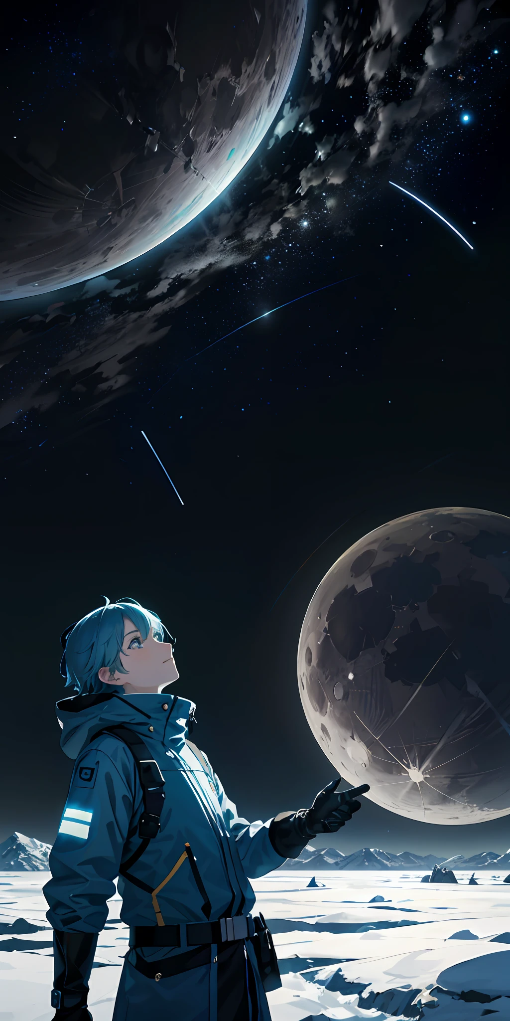 Expansive landscape photograph,(look from down,Above is the sky,Open snow below),A boy standing on the snow looking up,(moon full:1.2),(meteors:0.9),(Starcloud:1.3),Far Mountain, Tree BREAK making art,(Warm light source:1.2),(glowworm:1.2),lamp lights,Lots of cyan and blue colors,Complicated details,Volumetriclighting,Realism BREAK(tmasterpiece:1.2),(best qualtiy),4k,Ultra-detailed,(dynamic compositions:1.4),The is very detailed,Colorful details,(Irridescent color:1.2),(luminouslighting,Atmospheric lighting),dream magical,magical,(独奏:1.2)