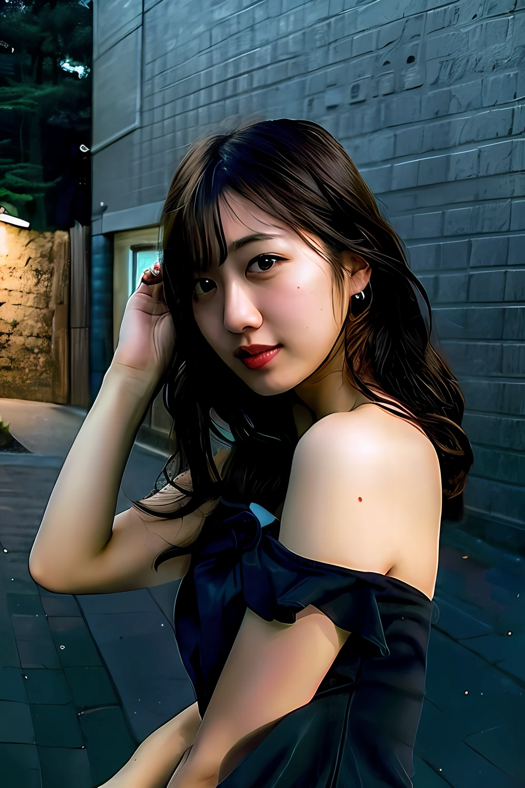 there is a woman sitting on the sidewalk with her hand on her head, realistic young gravure idol, chiho, young gravure idol, young pretty gravure idol, young skinny gravure idol, 奈良美智, young sensual gravure idol, captured on canon eos r 6, sophisticated gravure idol
