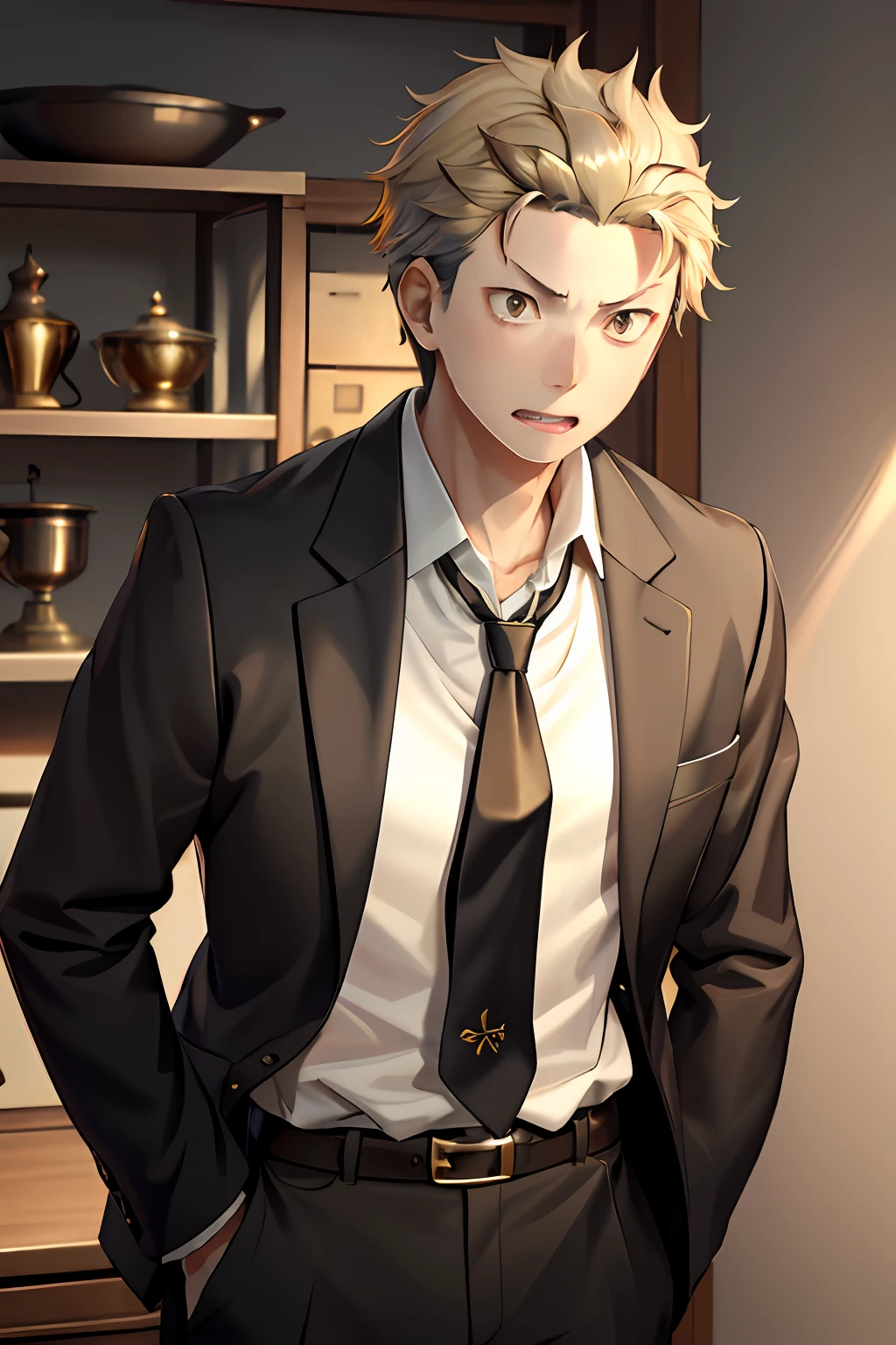 (1 Adult male),A high resolution, Sharp focus, Pixiv masterpiece, ((Complicated details)), highly detailed, natsuki_subaru, 1 man, with her mouth open,drools,full bodyesbian, Golden eyes(eyes glowing), with short golden hair,white shirt,Wear a tie,Wear a belt,perspire,look from down